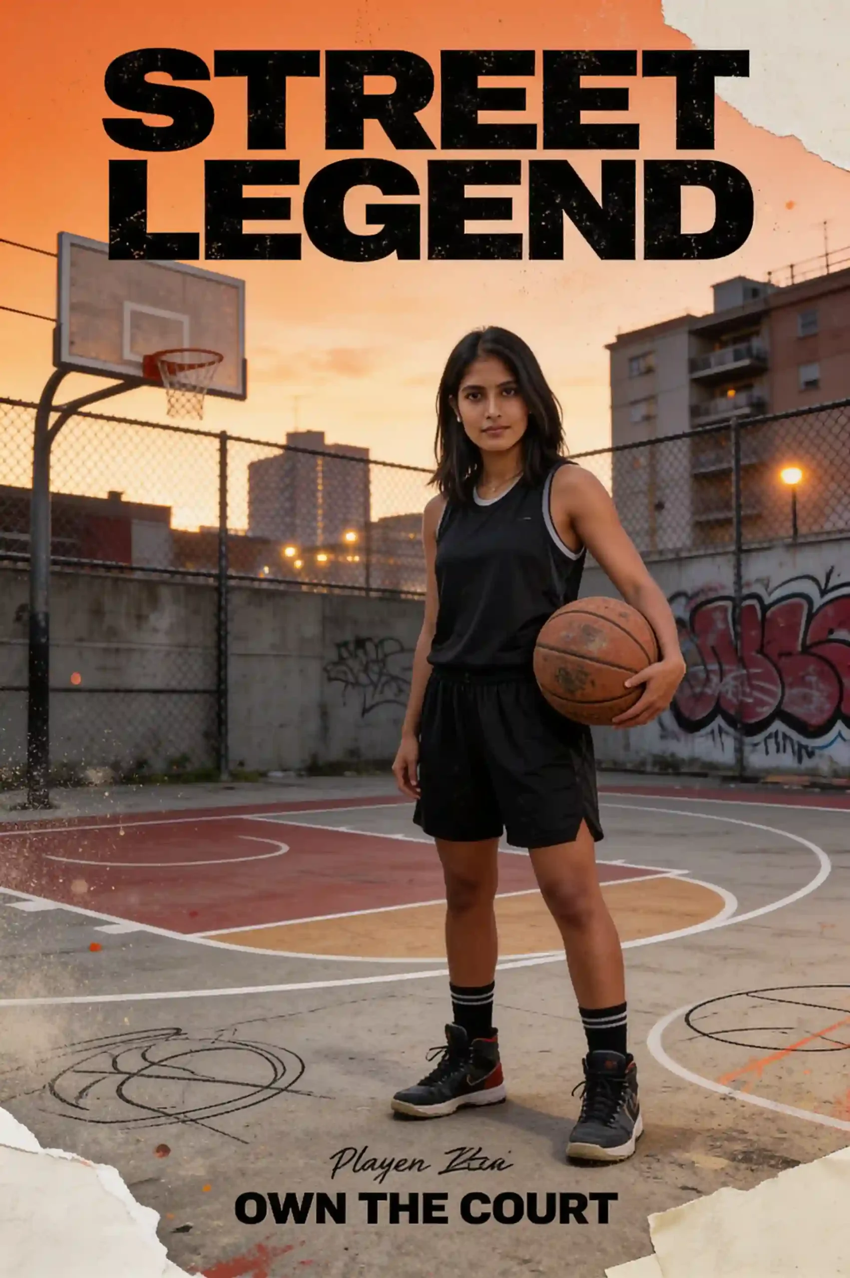 Basketball player posing on an outdoor urban street court.