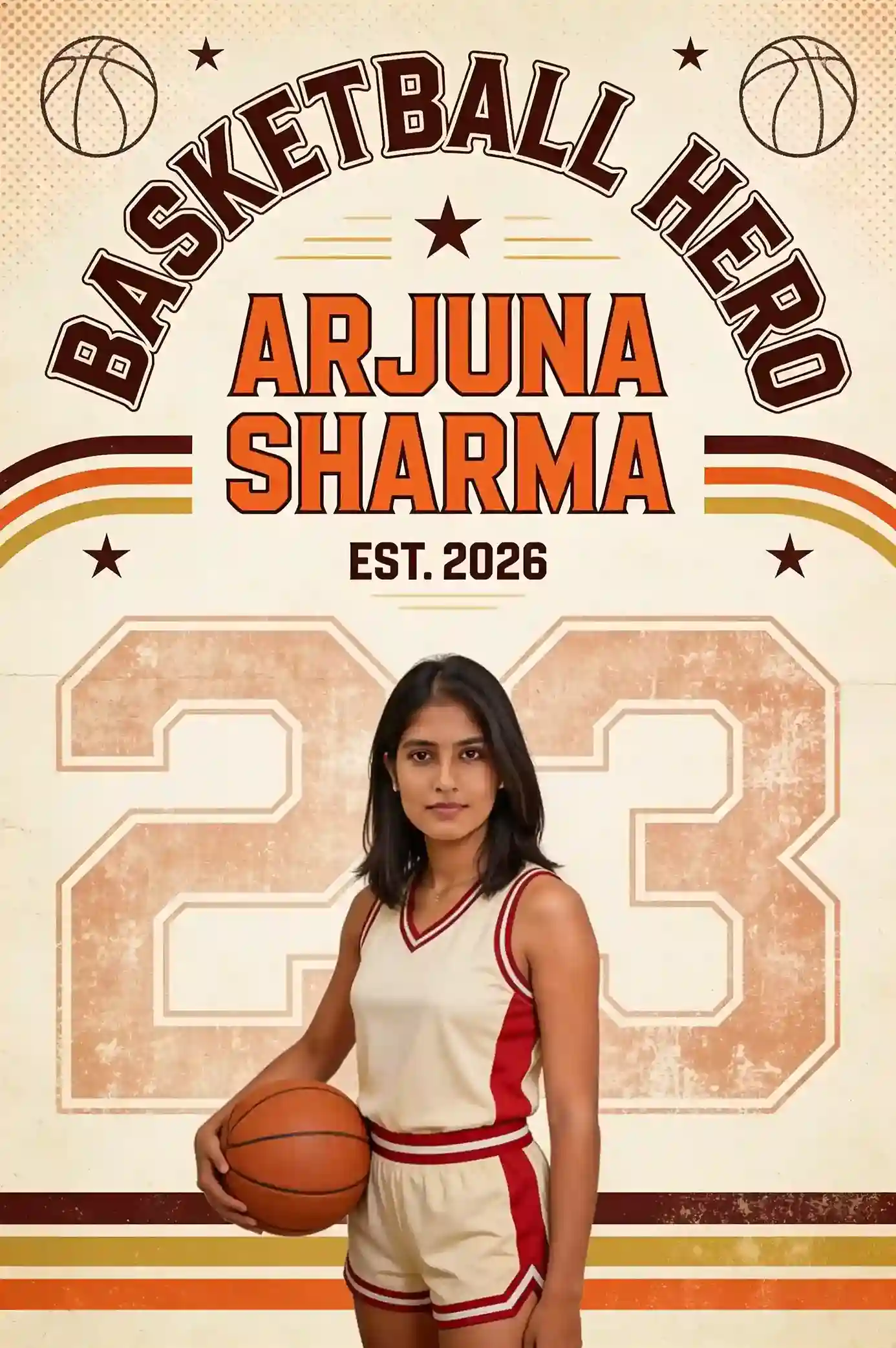 Basketball player in a vintage 1970s-style sports poster.