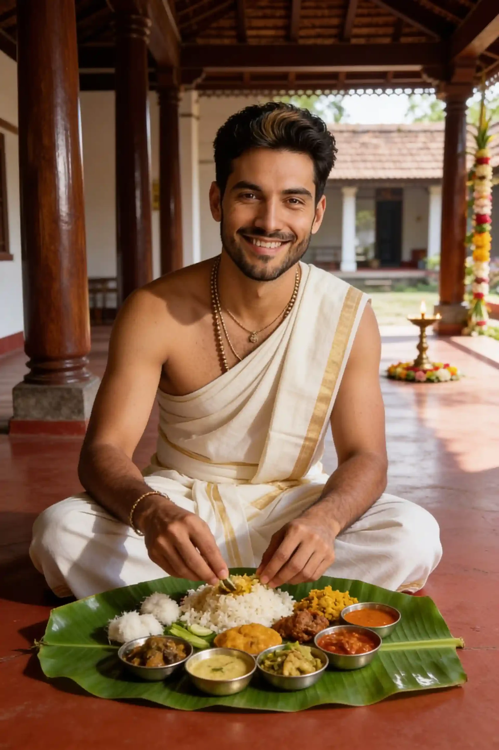Person in traditional Kerala attire enjoying Onasadya served on a banana leaf.