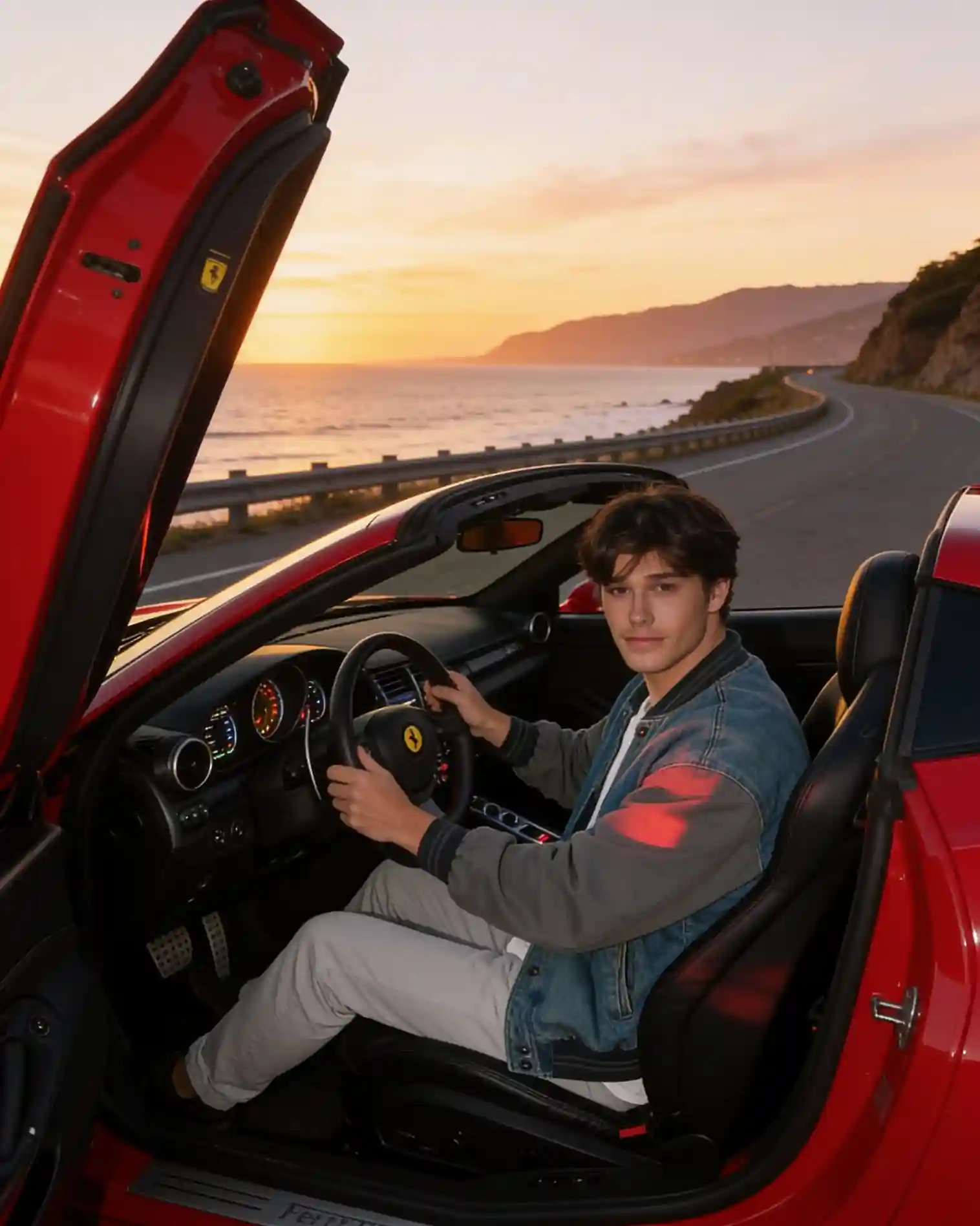 Person sitting in the driver seat of a red Ferrari convertible on a scenic coastal highway at golden-hour sunset