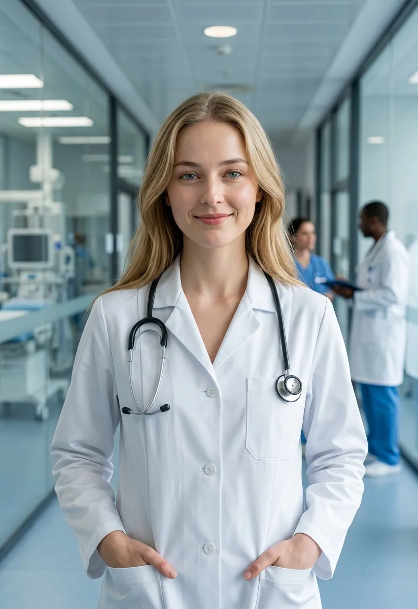 Doctora profesional en un moderno pasillo hospitalario con bata médica blanca y vestimenta profesional.