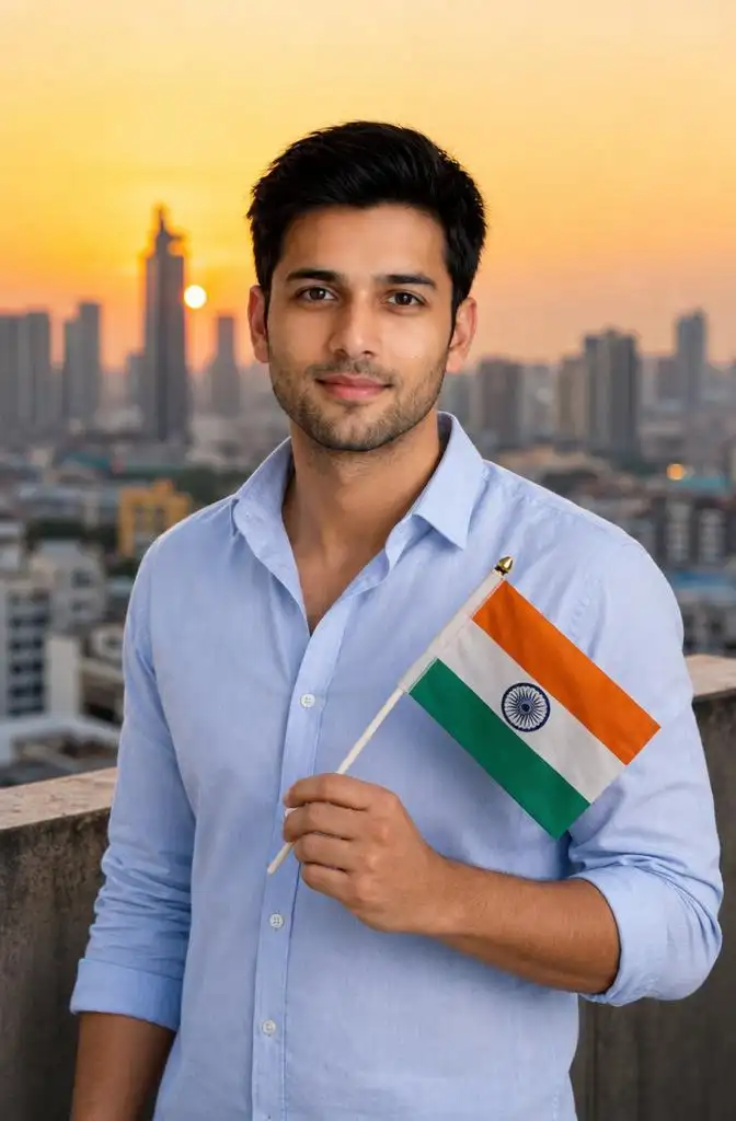 Person holding an Indian flag on a rooftop overlooking a city skyline during a sunset Independence Day celebration.