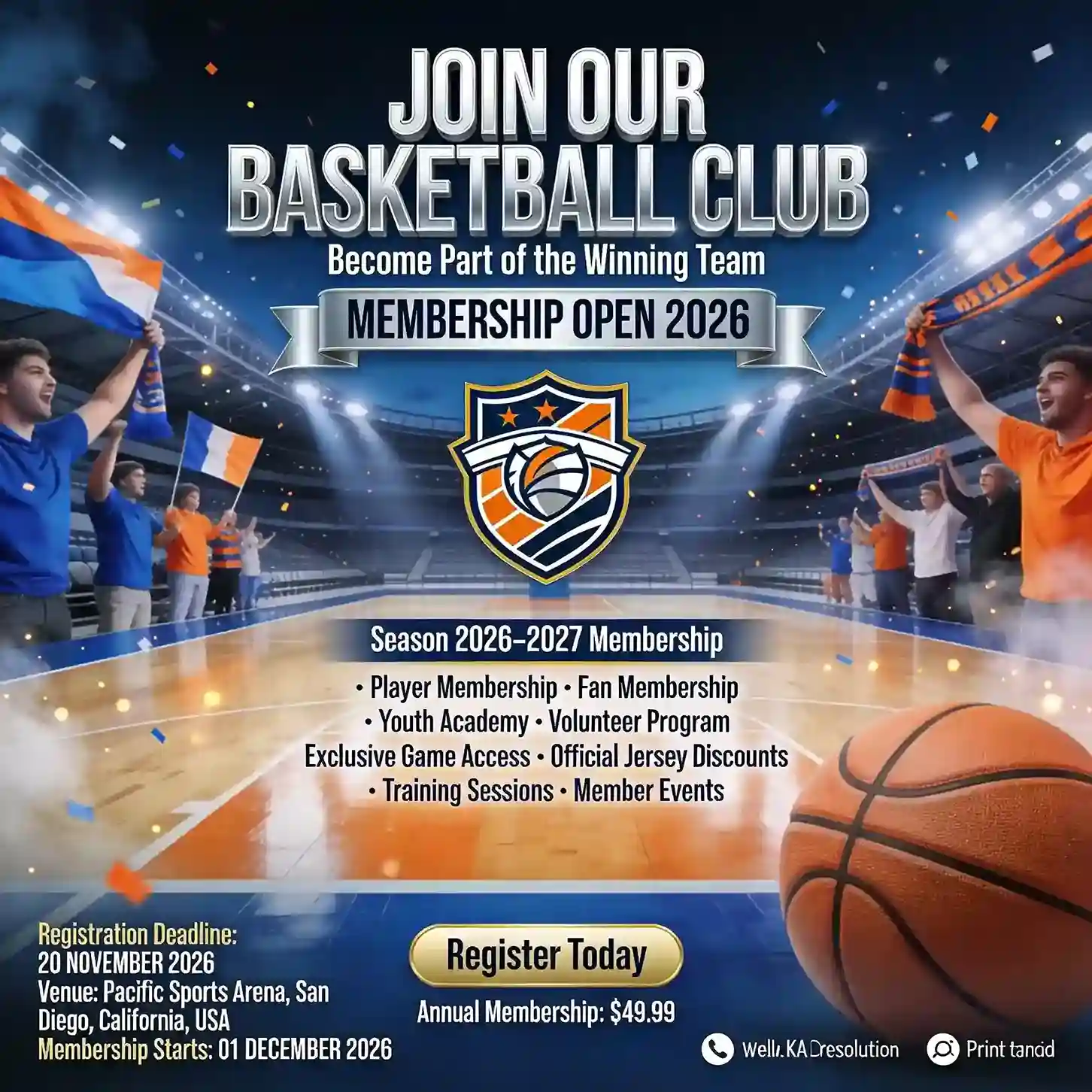 Basketball club membership poster with a large club crest, arena crowd, and basketball court.