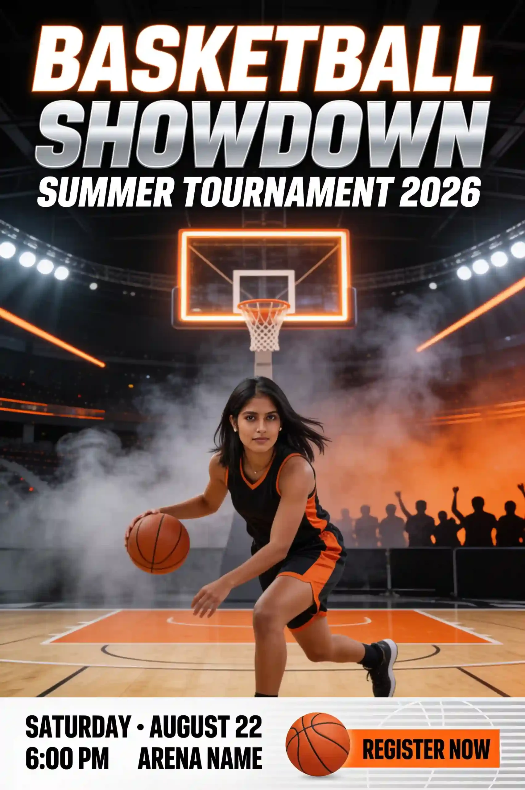 Basketball player dribbling in a summer tournament event flyer.