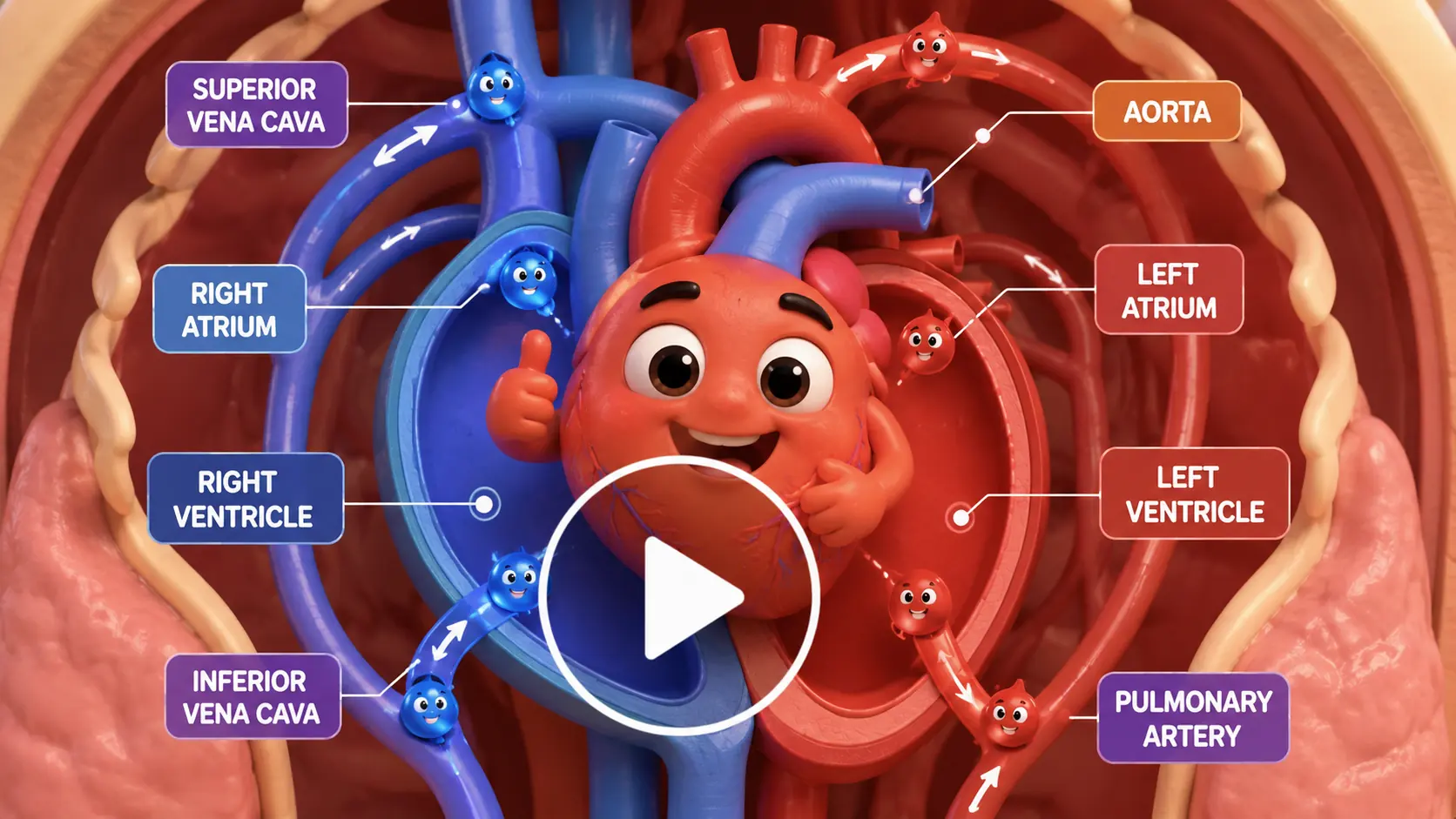 Friendly cartoon heart demonstrating blood circulation inside a colorful labeled human chest diagram.