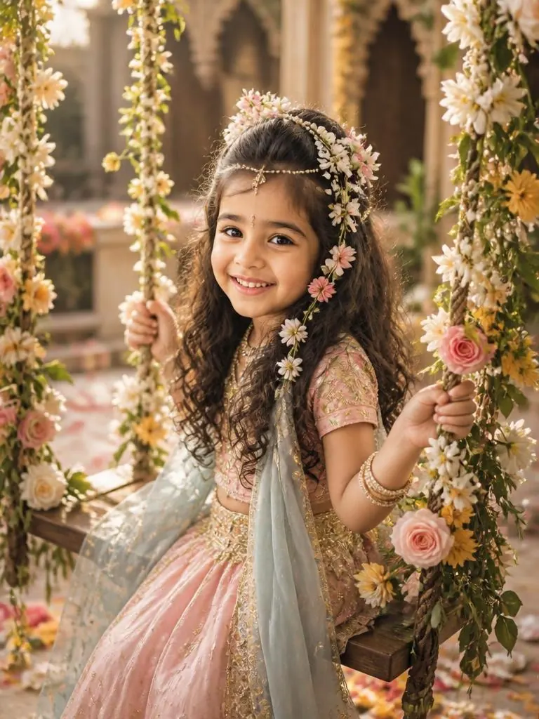 Little Radha in a blush-pink and ivory lehenga beside a flower-covered swing in a dreamy Vrindavan courtyard.