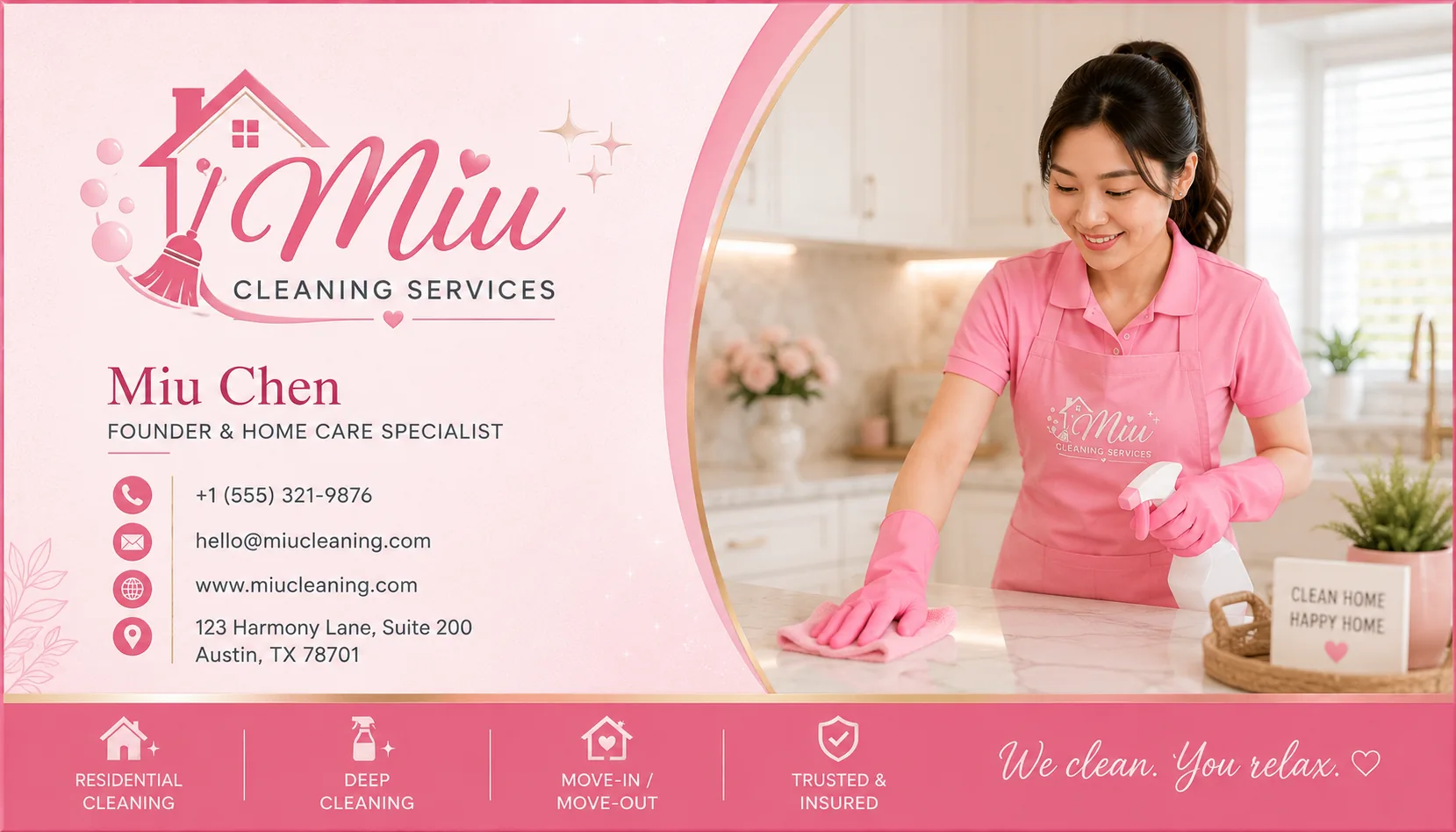 Premium pink cleaning service business card featuring a woman cleaning a luxury kitchen with elegant decorative accents.
