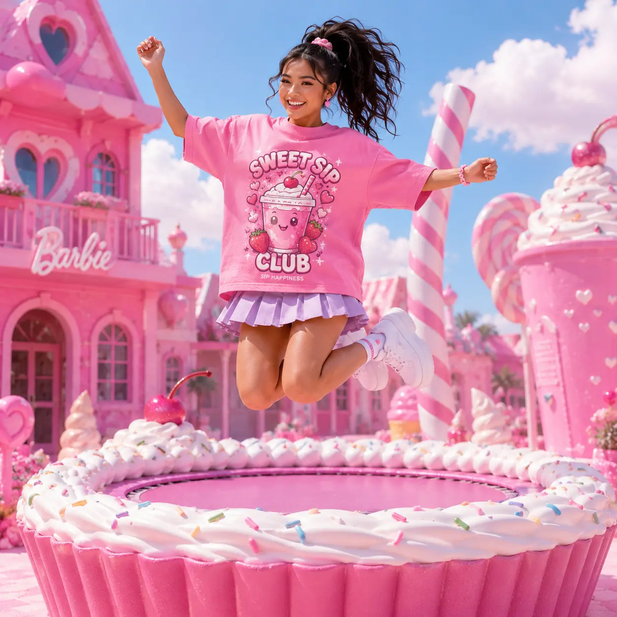Woman wearing a candy-pink graphic T-shirt in a dreamy pink dollhouse-inspired candy world.