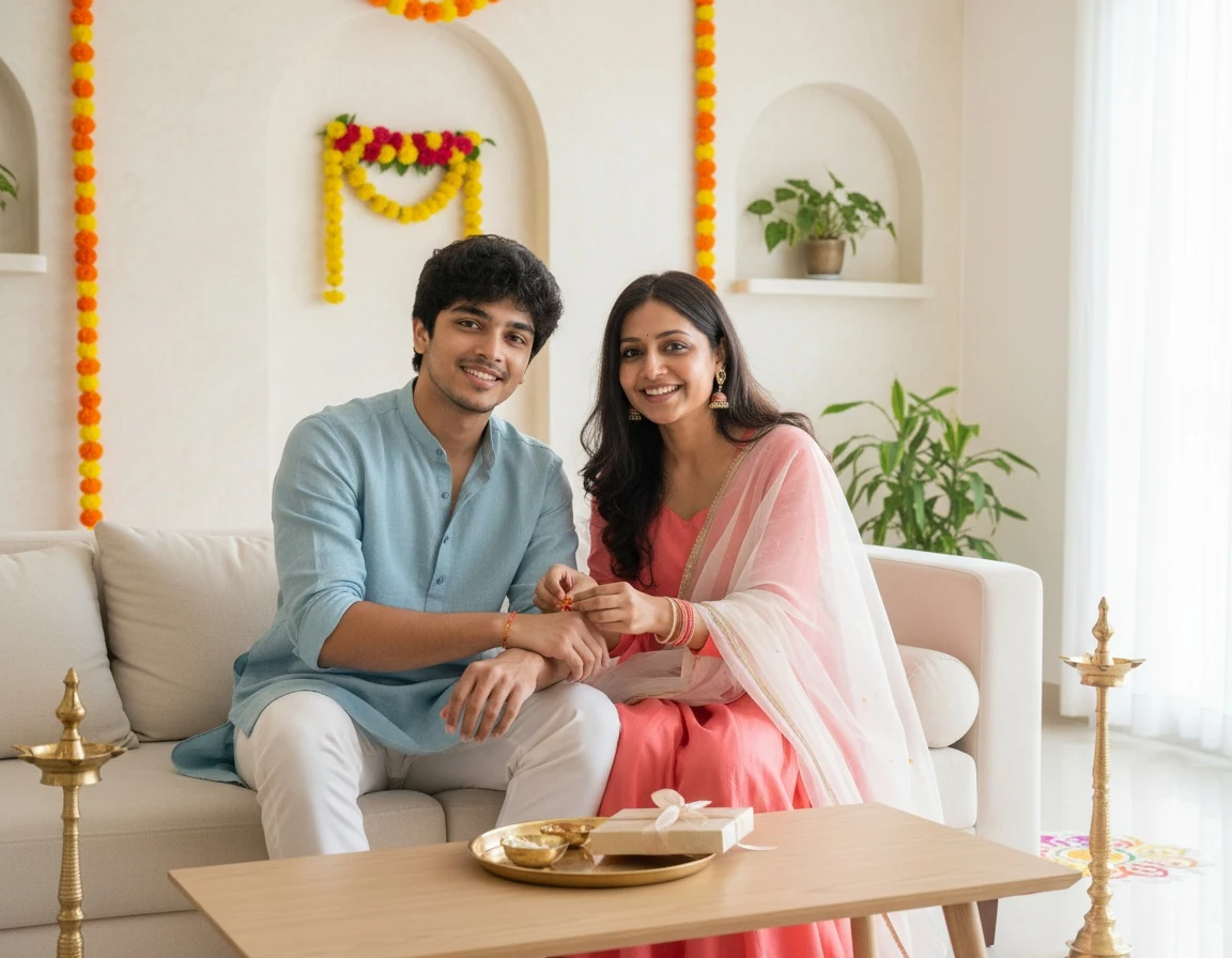 Brother and sister tying rakhi on a cream sofa in a bright modern Indian home with minimal festive decorations.