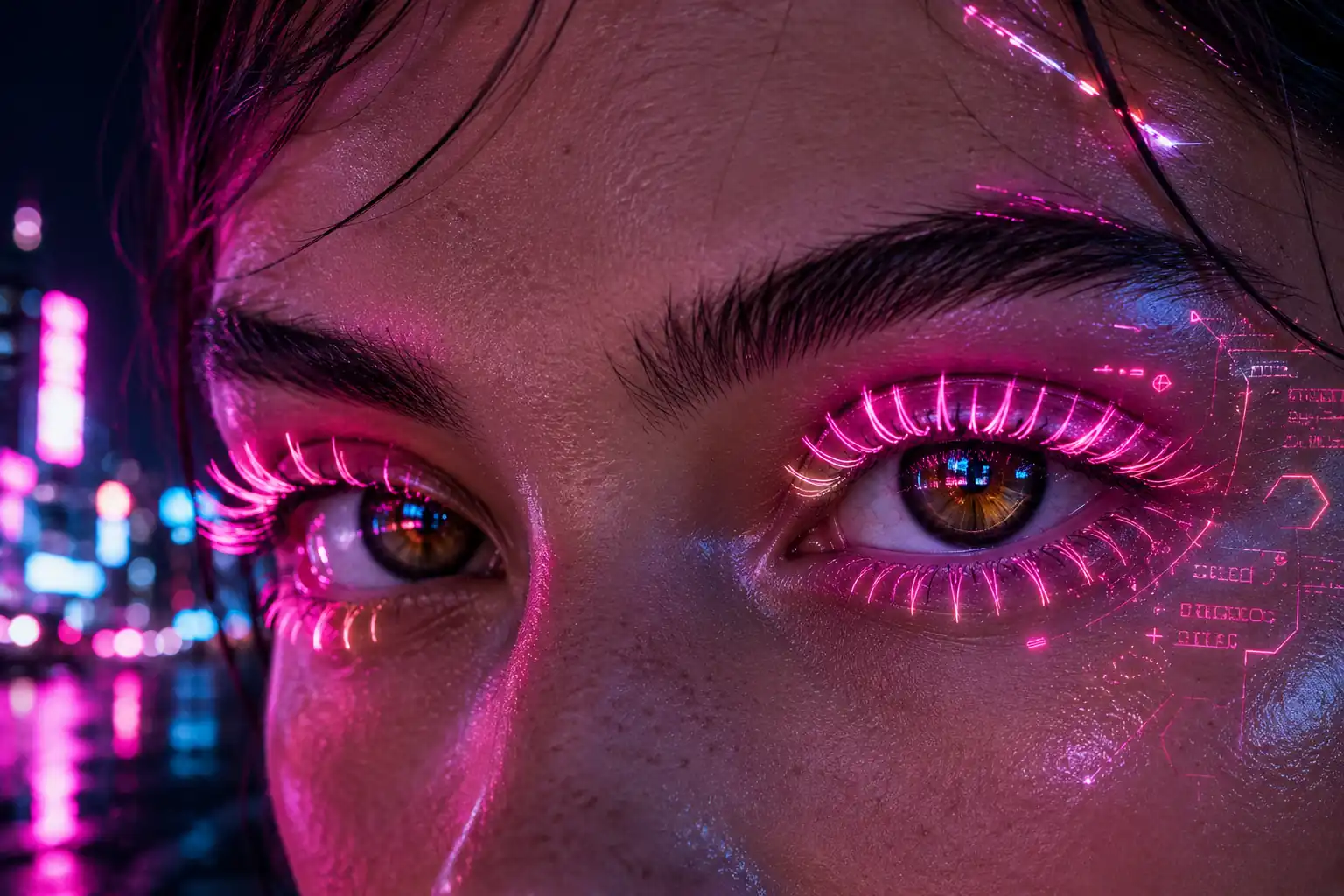 Cyberpunk eye close-up reflecting magenta and cyan neon lights in a rainy nighttime city