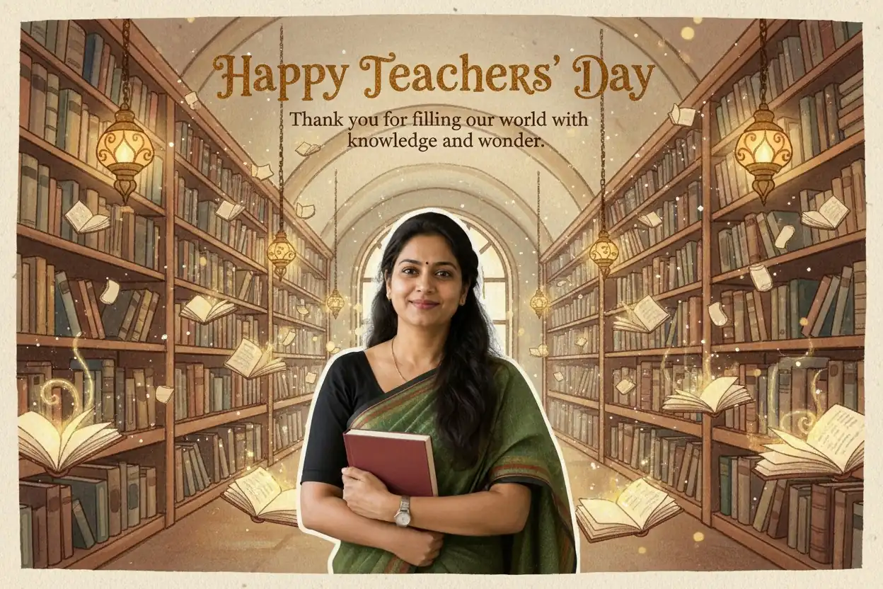 Personalized storybook Teachers’ Day poster with a teacher portrait in a magical library and an inspirational quote