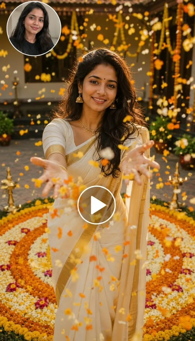 Frame screenshot of an Onam-themed video showing a person in traditional Kerala attire surrounded by falling flower petals.