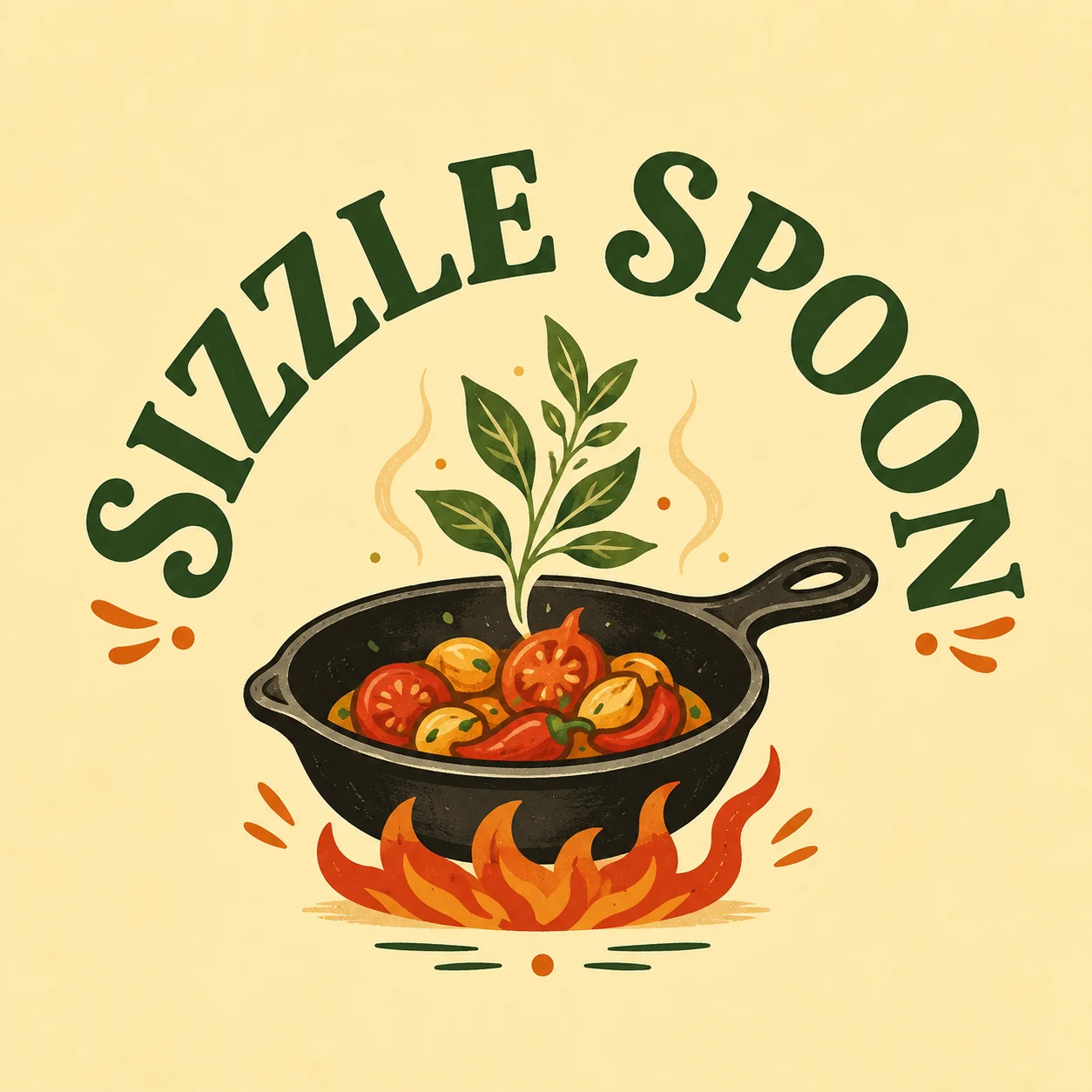 Cooking YouTube logo for Sizzle Spoon with a skillet flame and herb icon on a warm cream background with green and orange details.