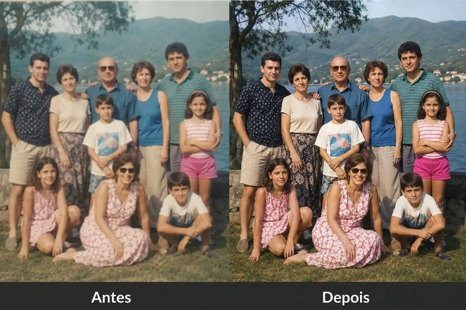 Comparação de antes e depois mostrando uma foto antiga de baixa resolução ampliada para uma qualidade nítida e detalhada em 4K.