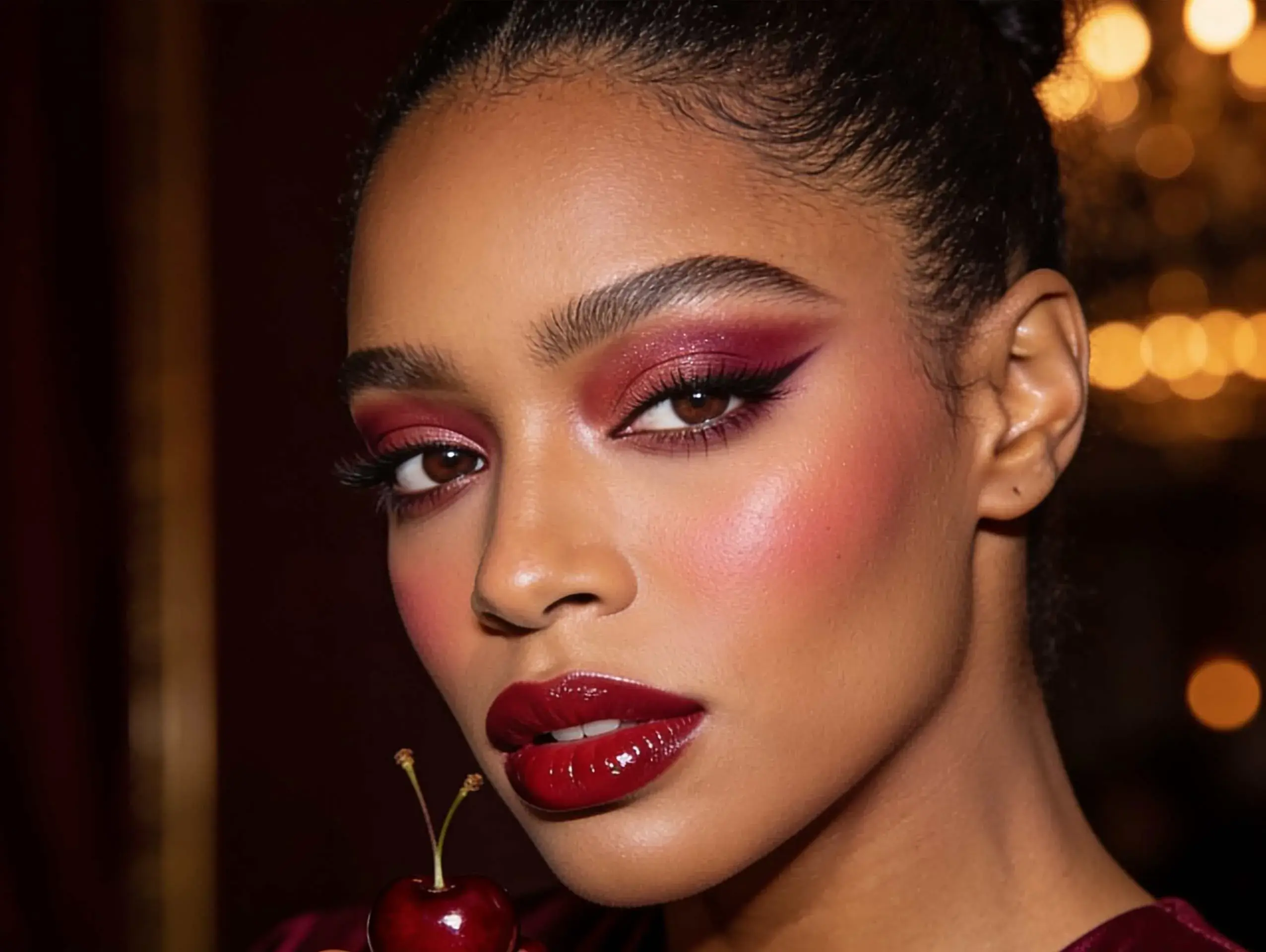 Cherry cola-inspired makeup with rich burgundy tones.