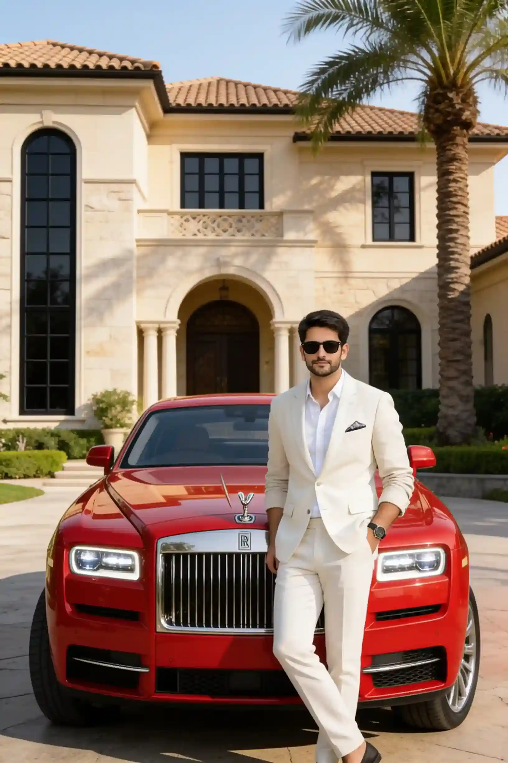Person posing beside a red Rolls-Royce in front of a Mediterranean-style luxury mansion in a realistic automotive portrait