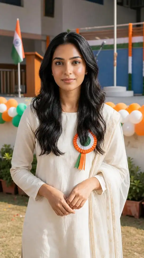 Person standing at a school Independence Day celebration with decorated stages, balloons, and Indian flags.