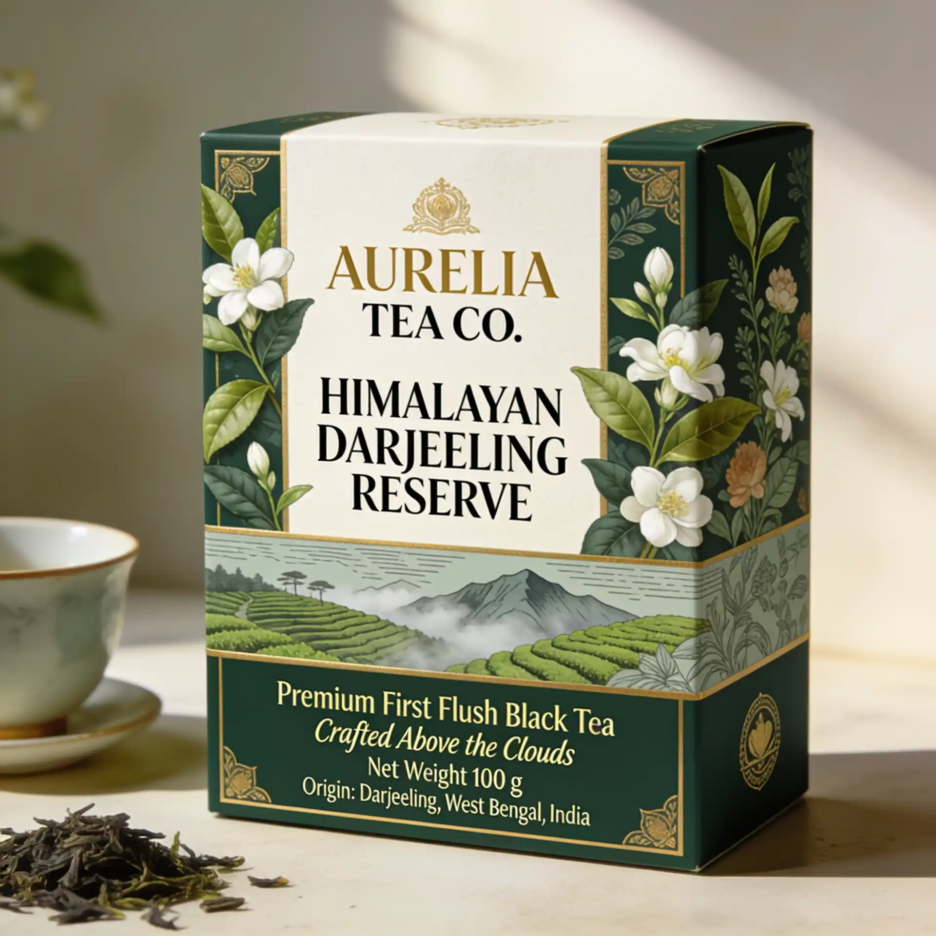 Premium Darjeeling tea box packaging with green botanical design and gold foil details