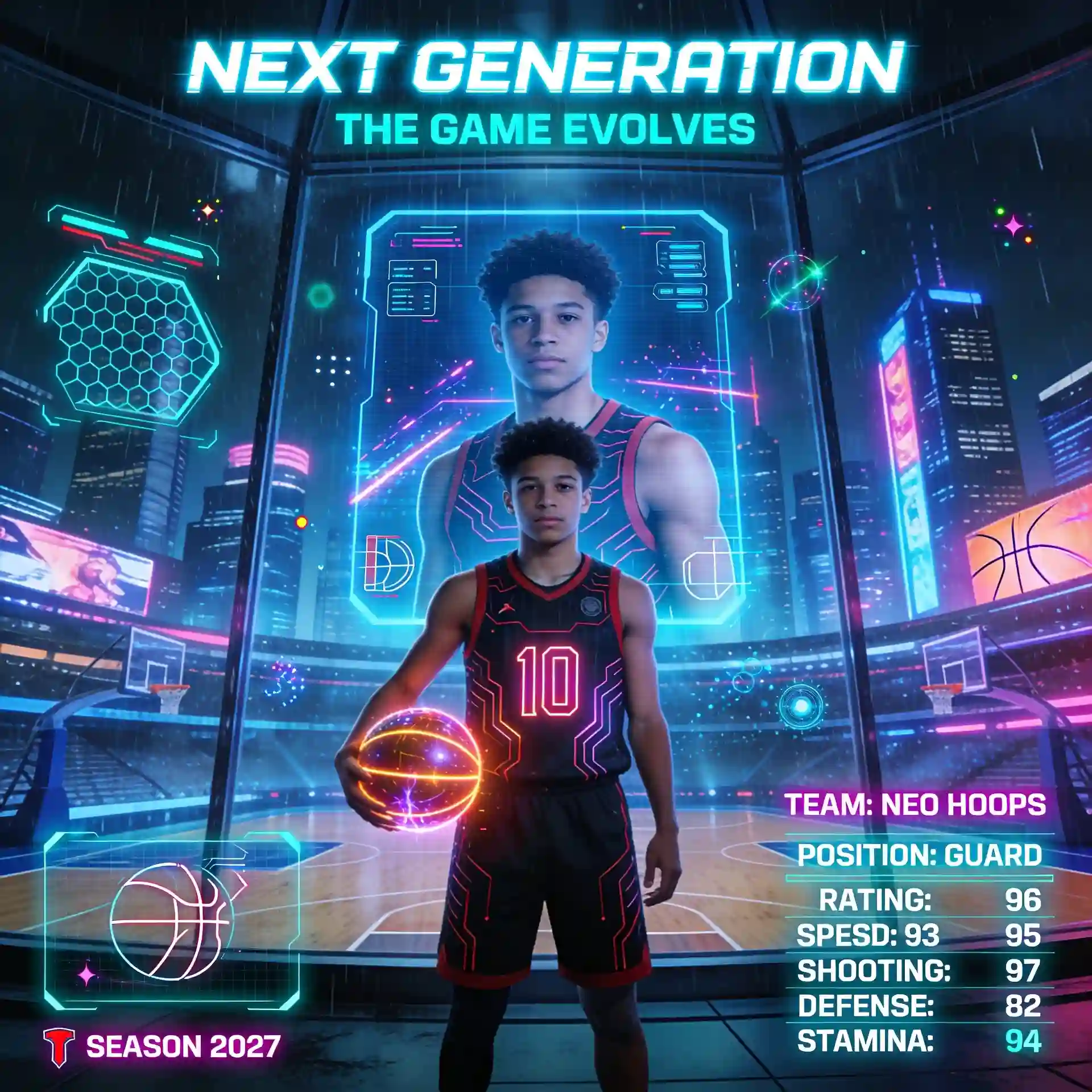 Futuristic basketball poster featuring a neon-lit player holding a glowing basketball in a cyberpunk city.