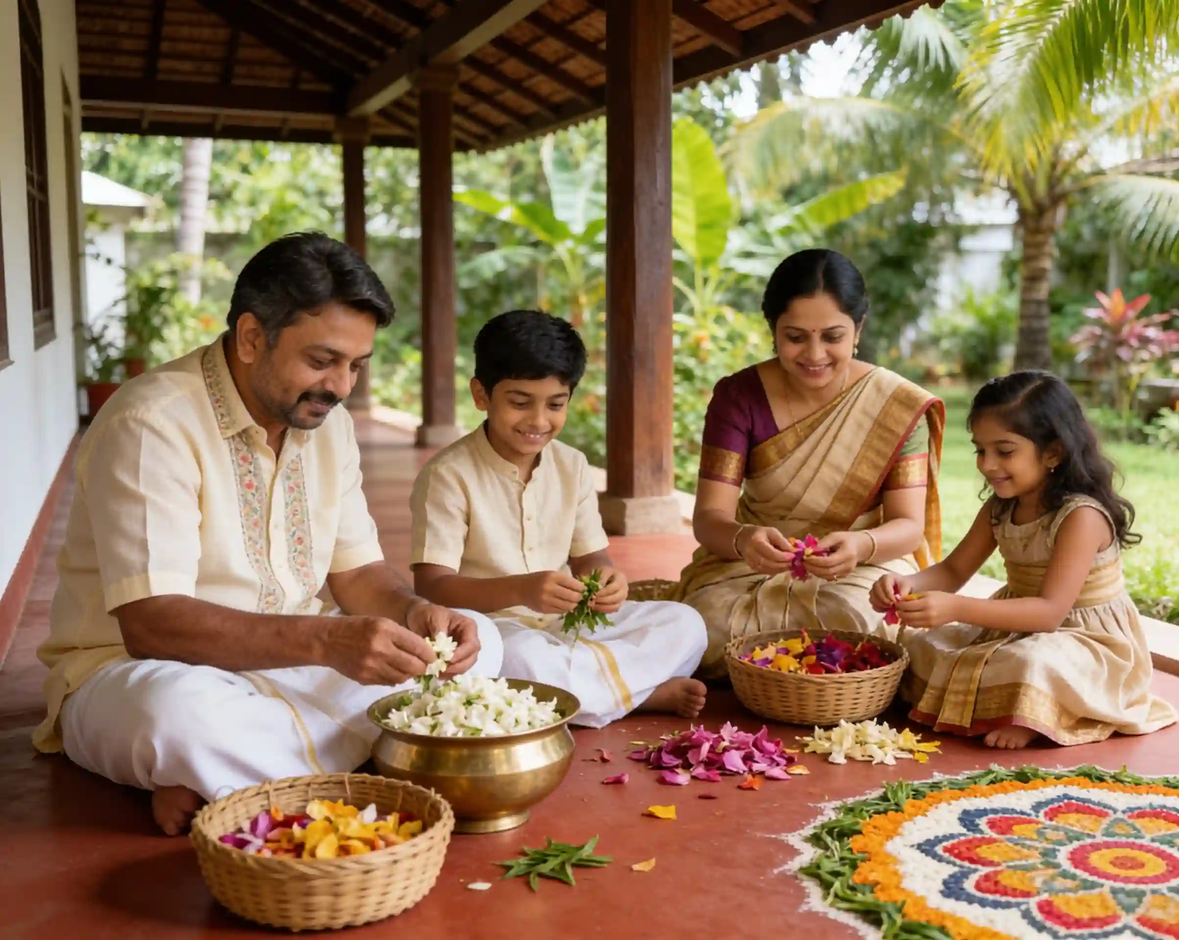 Kerala family preparing fresh flowers together for an Onam Athapookalam.