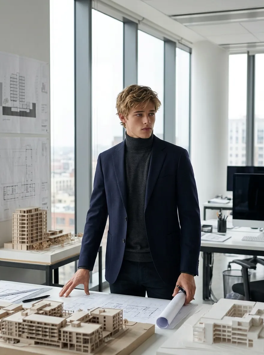 Arquitecto masculino en un estudio de diseño contemporáneo rodeado de planos, maquetas y estaciones de trabajo creativas.