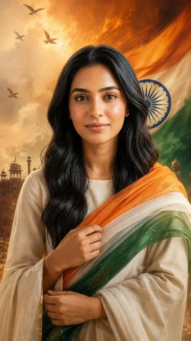 Modern digital art portrait of a person with glowing tricolor effects and patriotic Independence Day symbols.