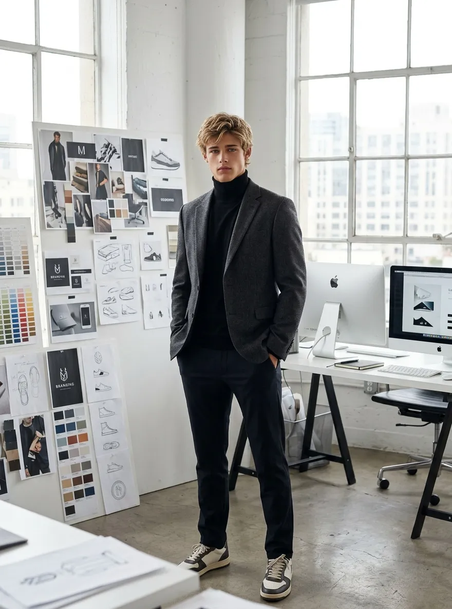 Director creativo masculino en un estudio de diseño contemporáneo con obras de arte, paneles de inspiración y elementos de branding.
