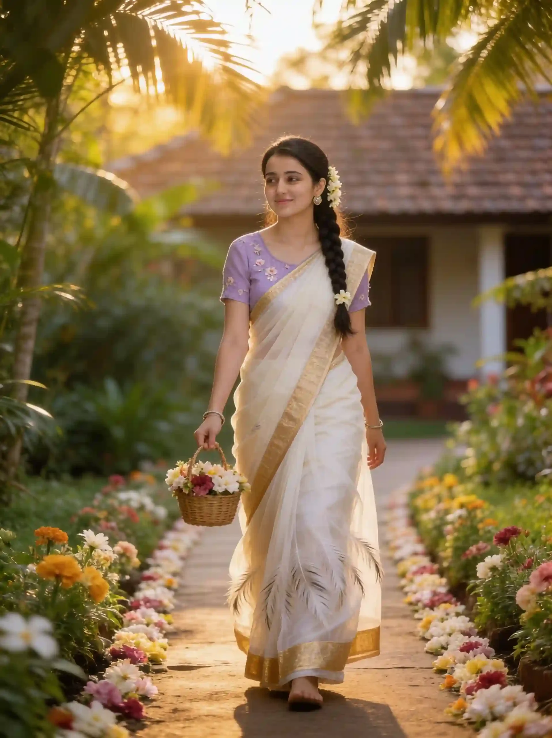 Young woman wearing an ivory Pattu Pavada with jasmine flowers for Onam.