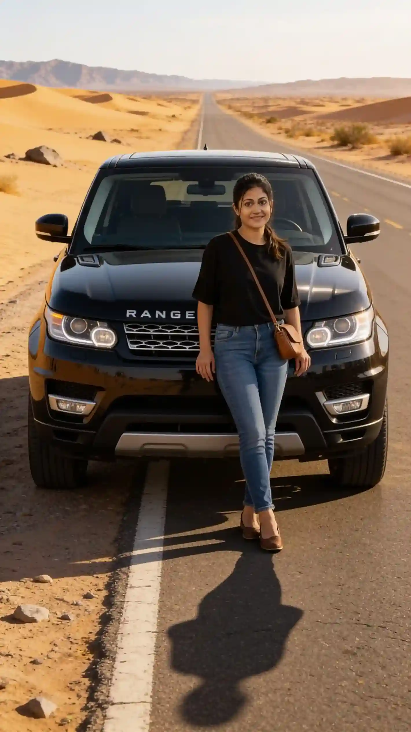 Person posing with a black Range Rover Sport on an open desert highway surrounded by sand dunes and distant mountains