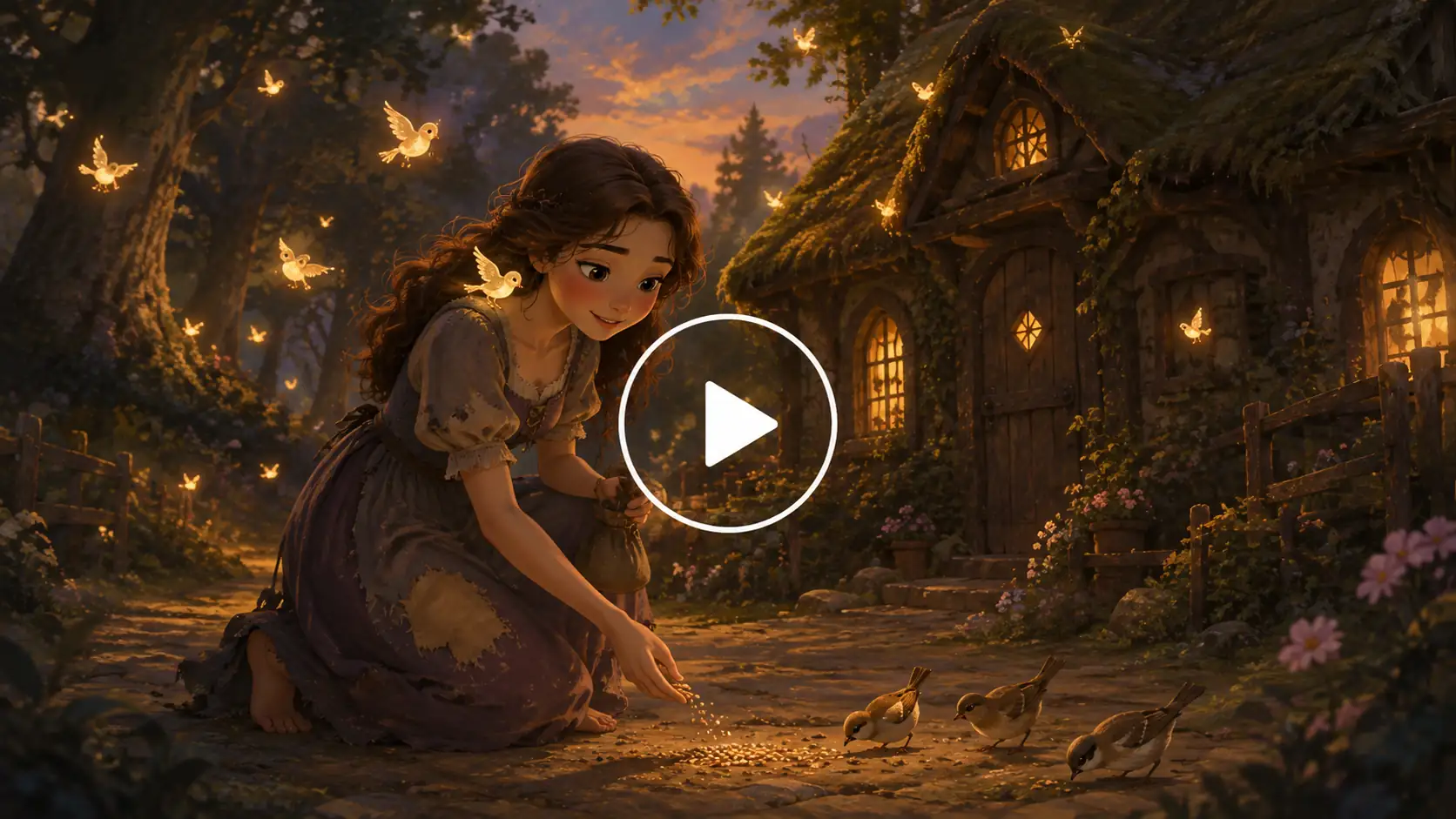 Kind princess feeding birds outside a cozy forest cottage surrounded by glowing magical lights.