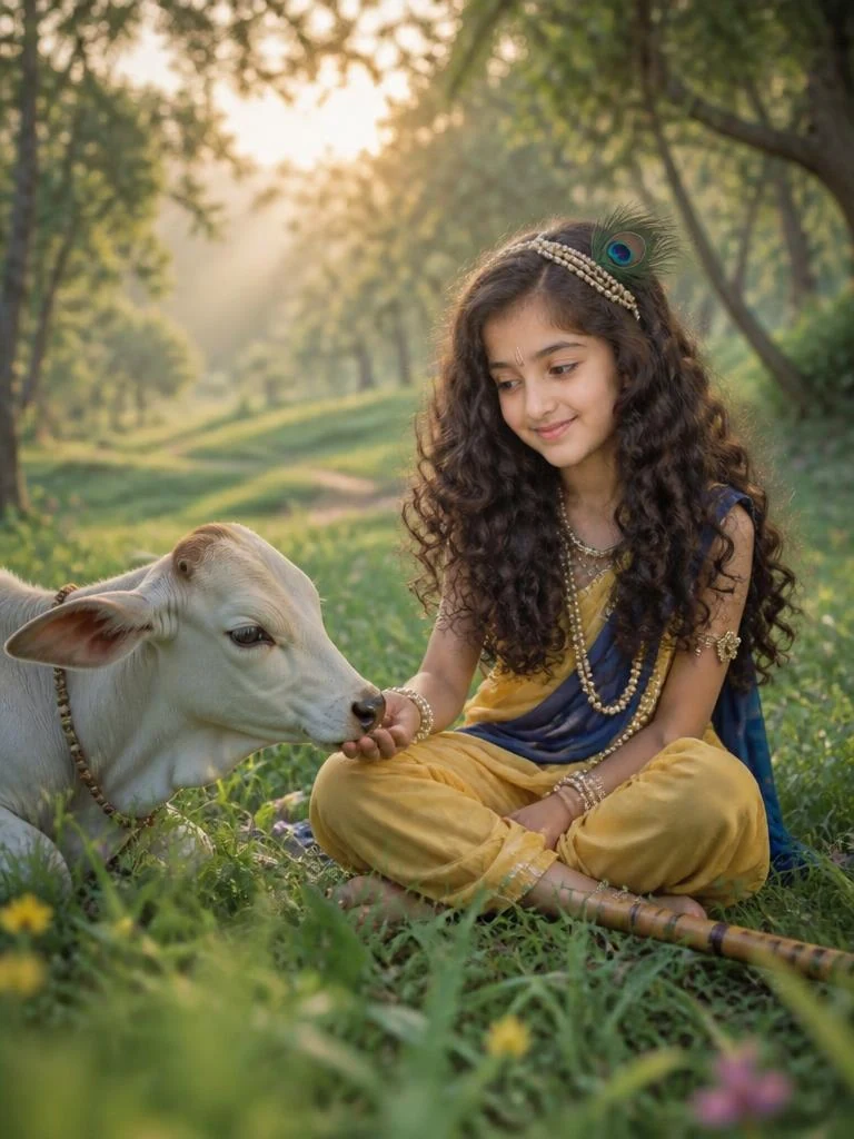 Little Krishna sharing a peaceful moment with a white calf in a lush meadow, photographed from a cinematic grass-level angle.