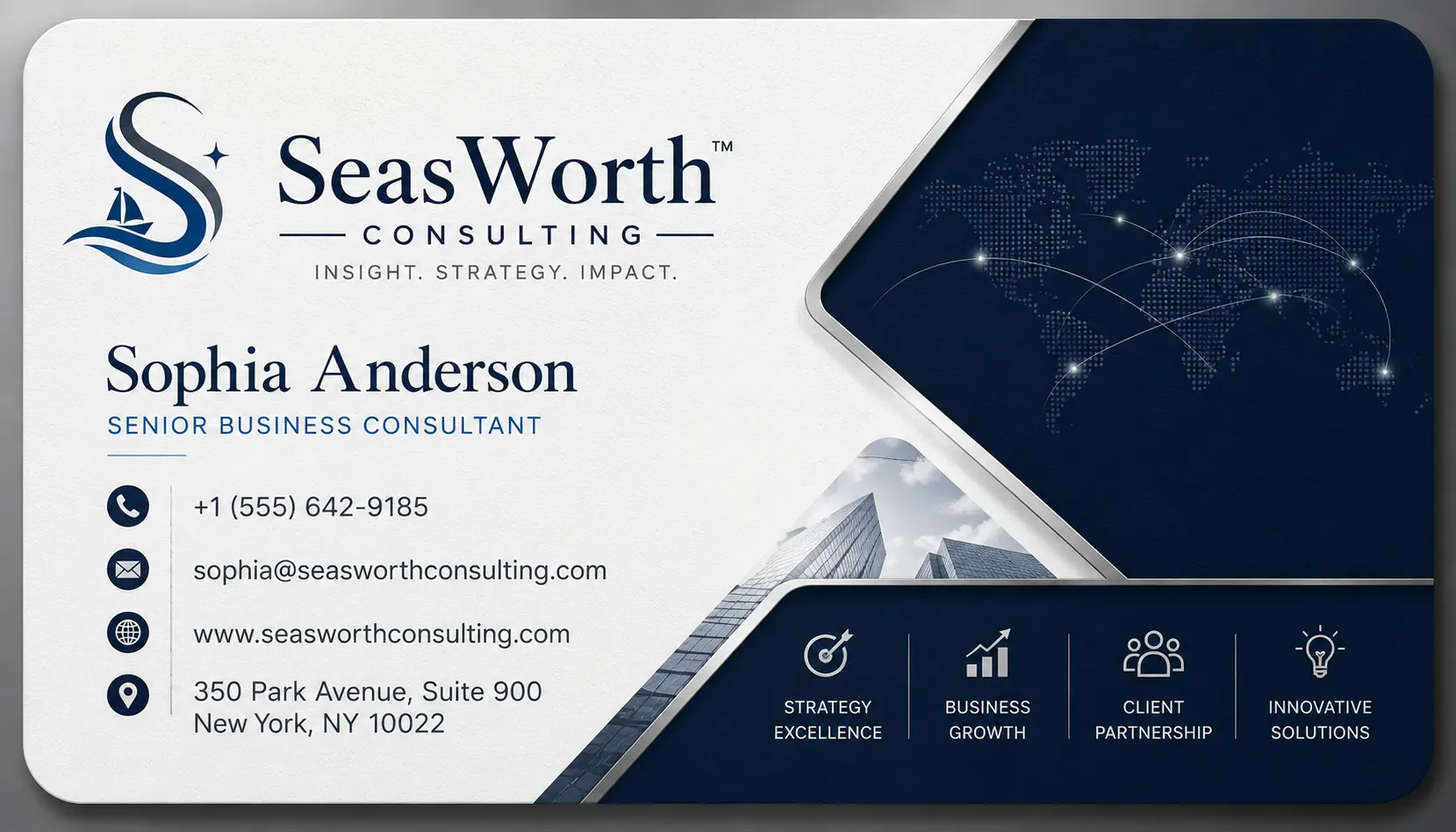 Executive blue-and-white consulting business card with premium embossing and abstract strategy, innovation, and growth graphics.