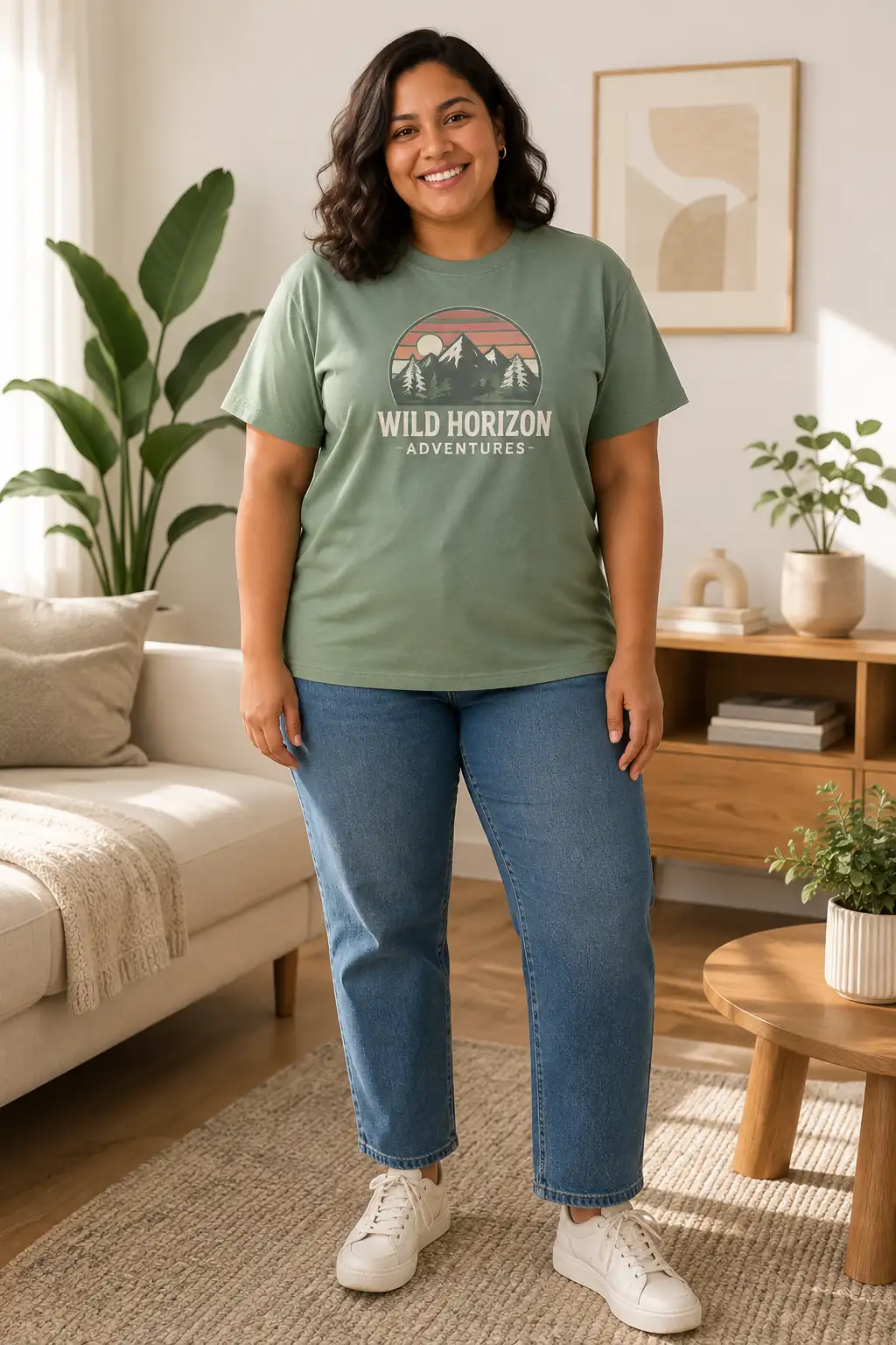 Woman wearing a muted green graphic T-shirt with jeans in a bright minimalist living space.