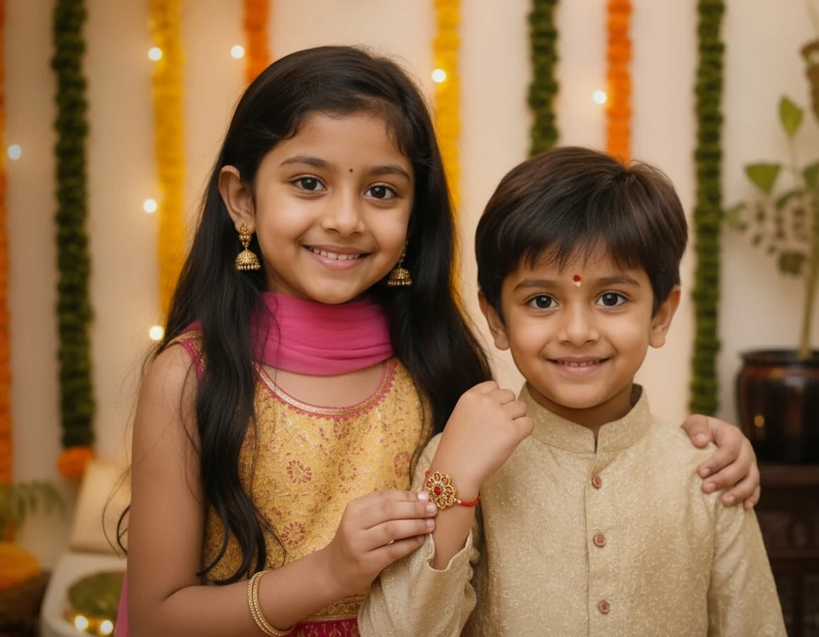 Close-up Raksha Bandhan portrait of a smiling brother and sister showing a red-and-gold rakhi against warm festive lights.