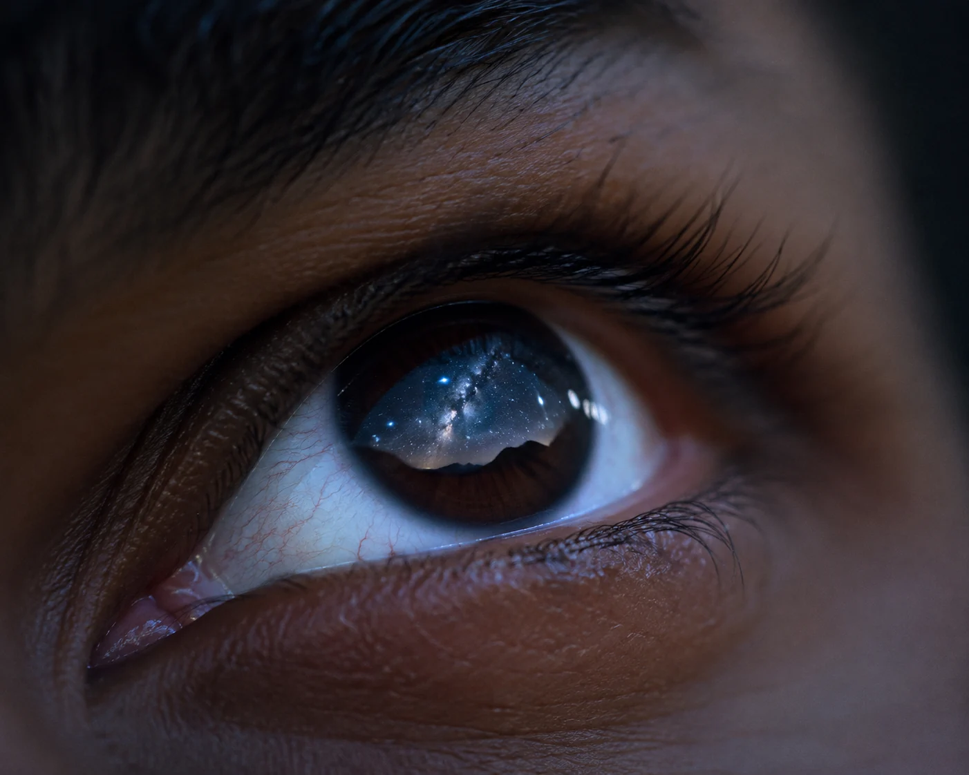 Close-up of a brown eye reflecting the Milky Way, stars, and distant mountains at night