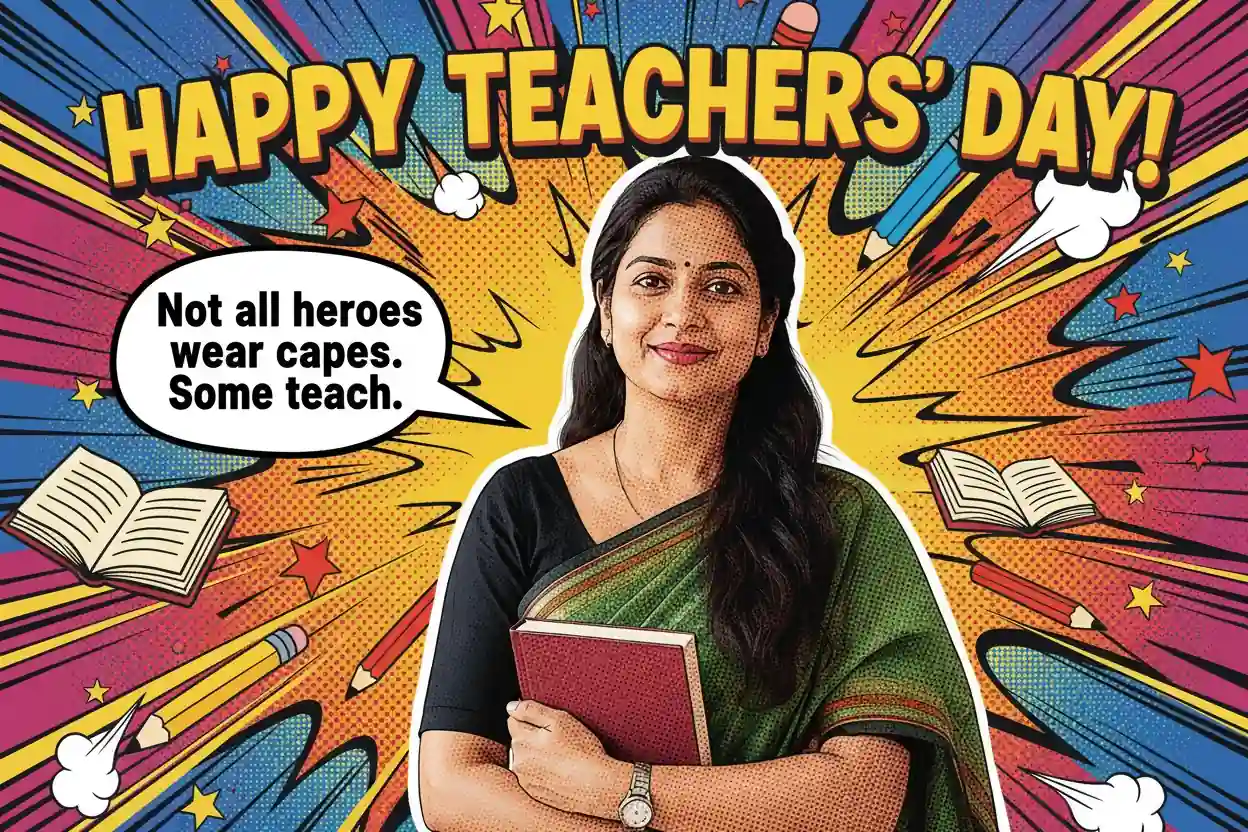 Personalized superhero-style Teachers’ Day poster featuring a teacher with a bold comic-book appreciation message