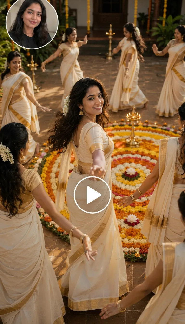 Frame screenshot of an Onam-themed video showing a person joining a traditional dance around a colorful Onam pookalam.