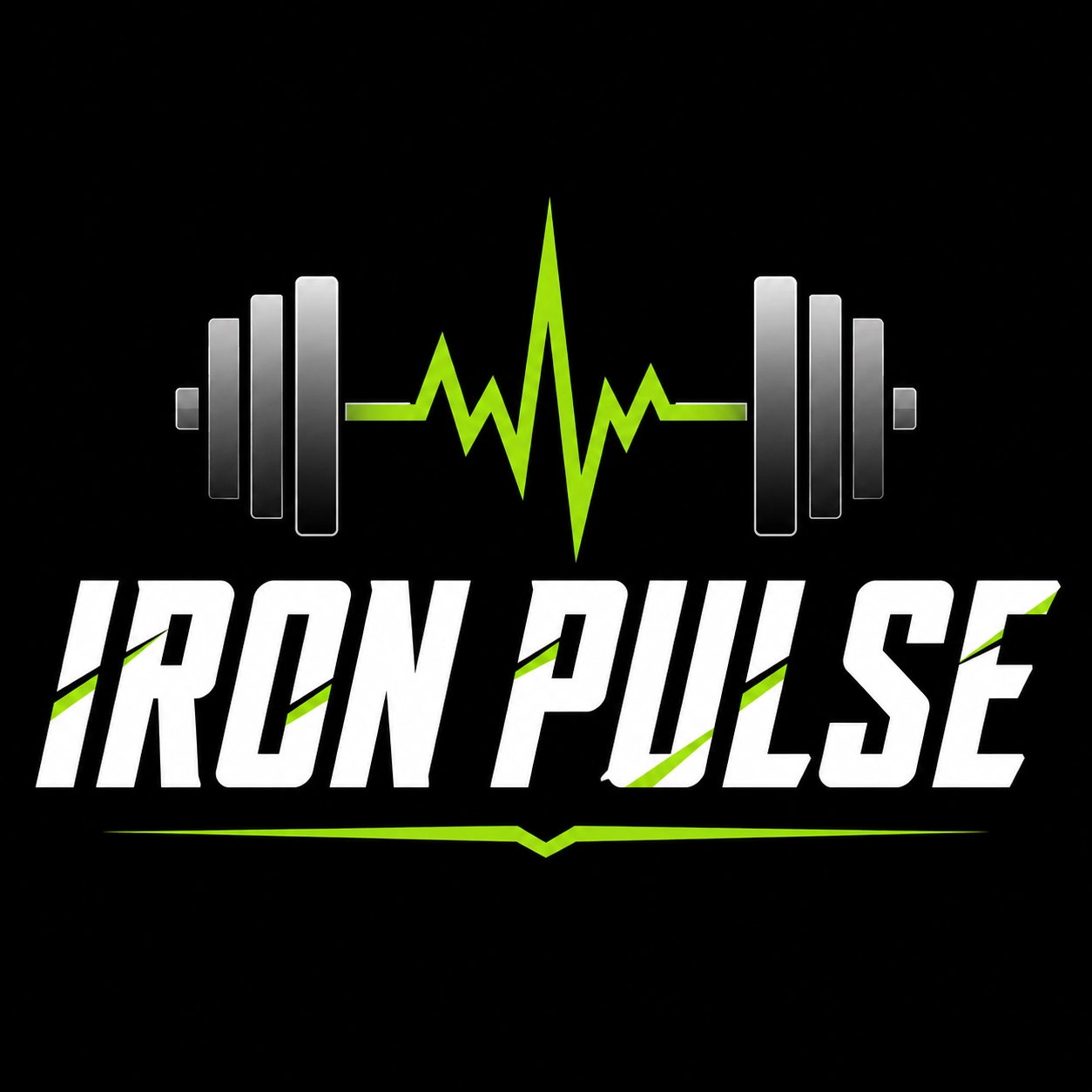 Fitness YouTube logo for Iron Pulse with a barbell and heartbeat symbol in white and vivid lime green on a matte black background.