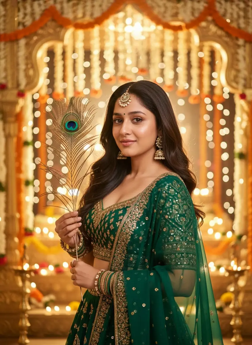 Young woman posing in an extravagant festive look for a glamorous Janmashtami portrait.