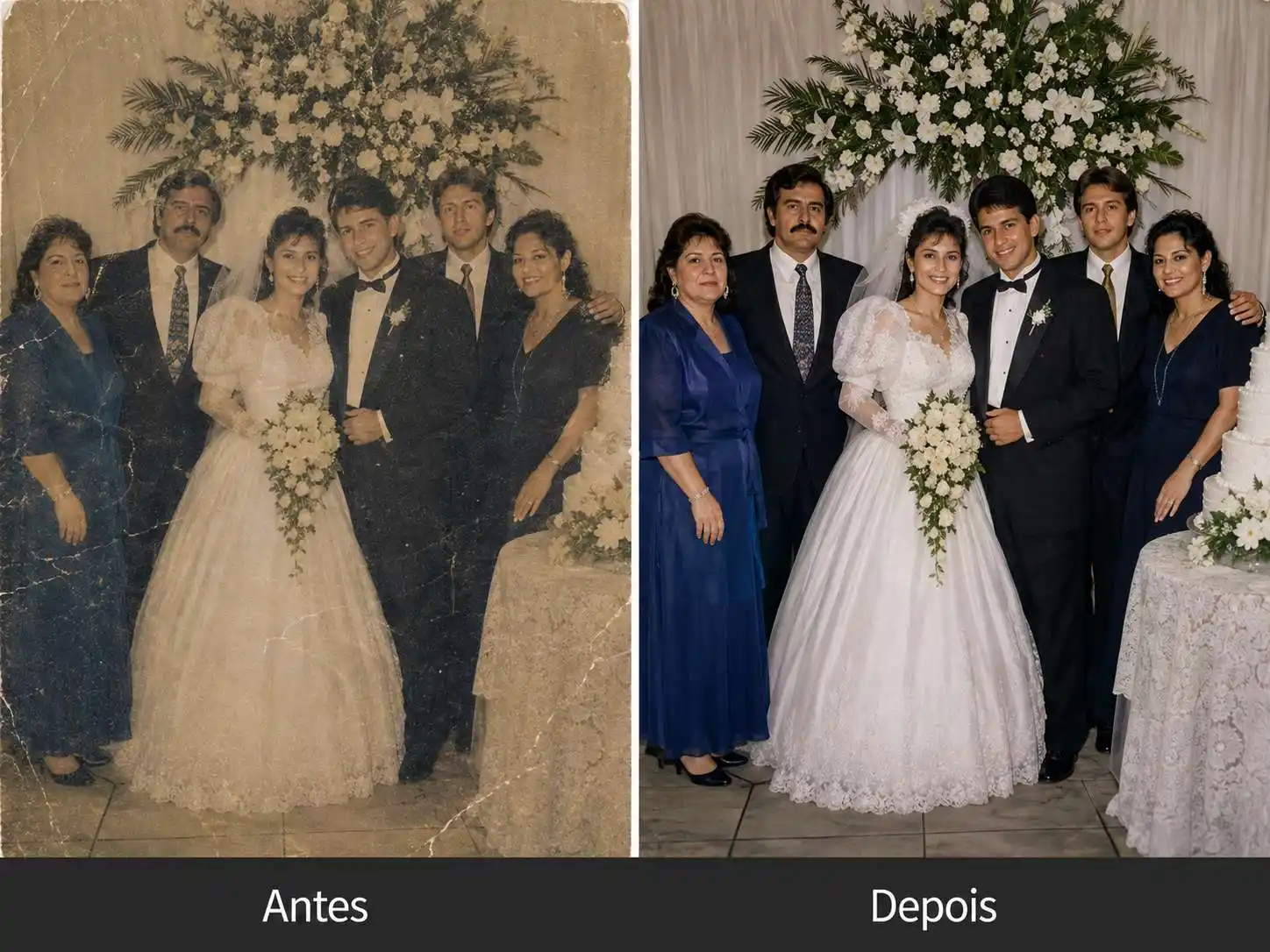 Comparação de antes e depois mostrando uma foto de família danificada restaurad acom rostos mais nítidos, iluminação equilibrada e detalhes aprimorados.