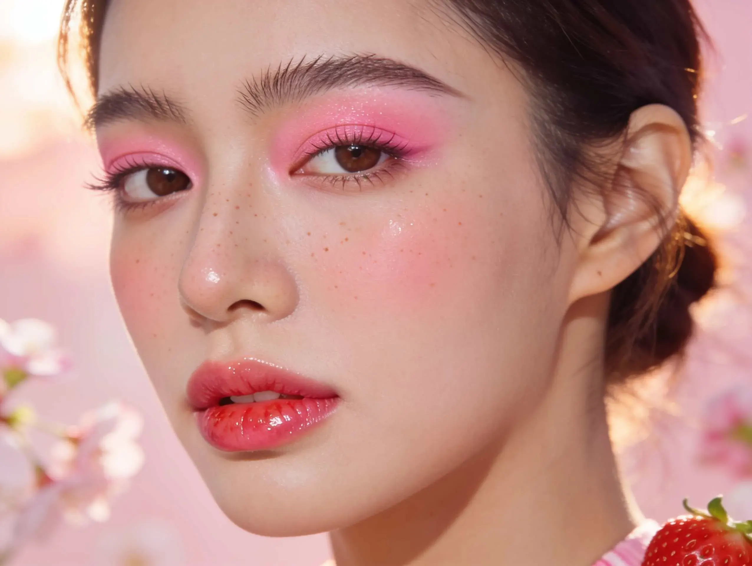 Strawberry-inspired makeup with rosy cheeks and glossy lips.