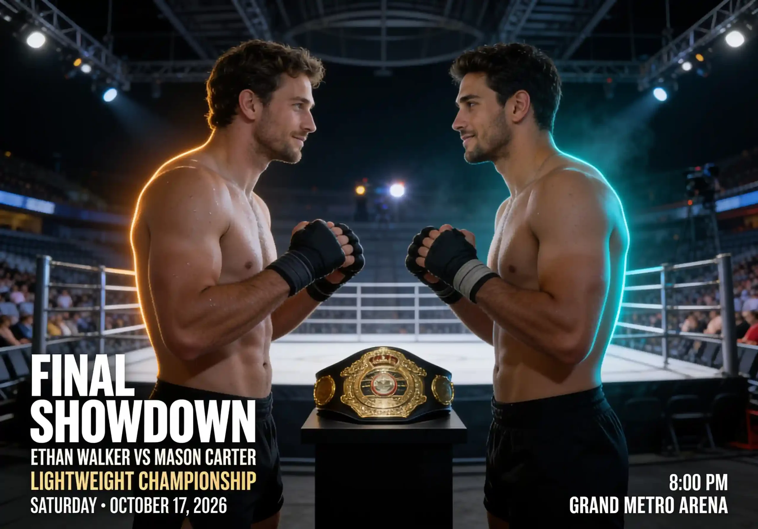 Two fighters from uploaded photos face each other in a professional championship poster.