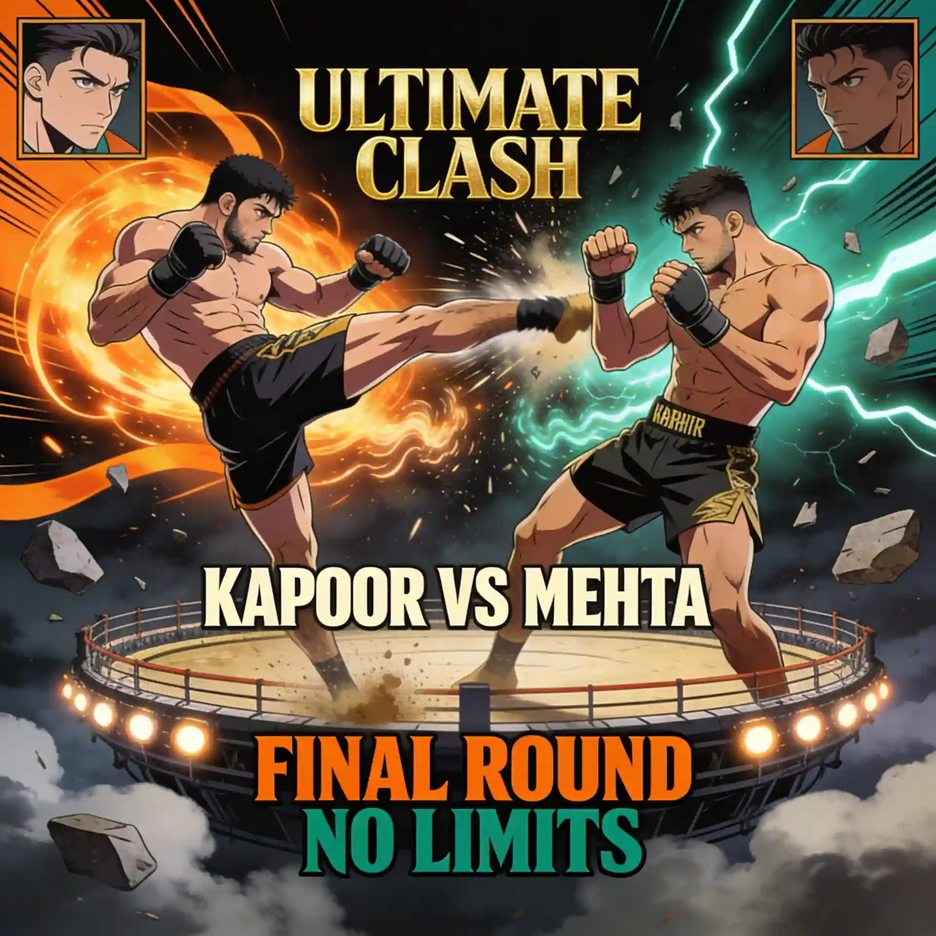 Two anime-style fighters clash in a dramatic illustrated combat arena.