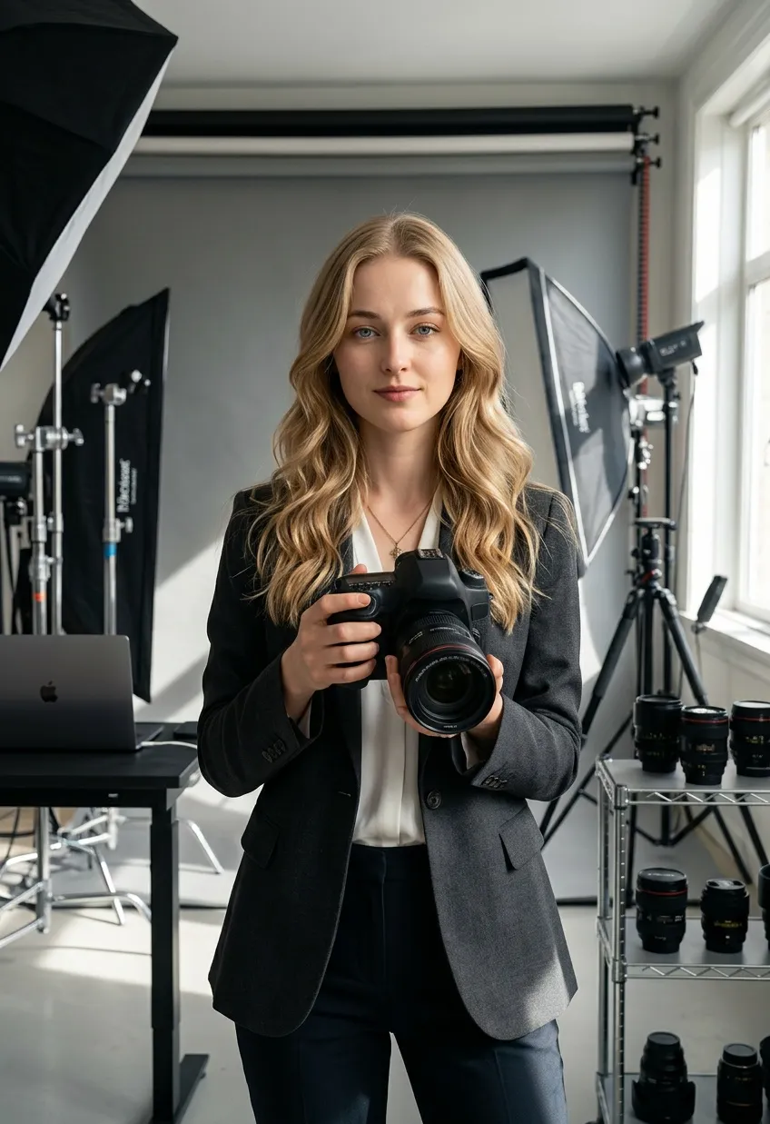 Fotógrafa profesional en un estudio fotográfico equipado con cámaras, iluminación profesional y fondos creativos.