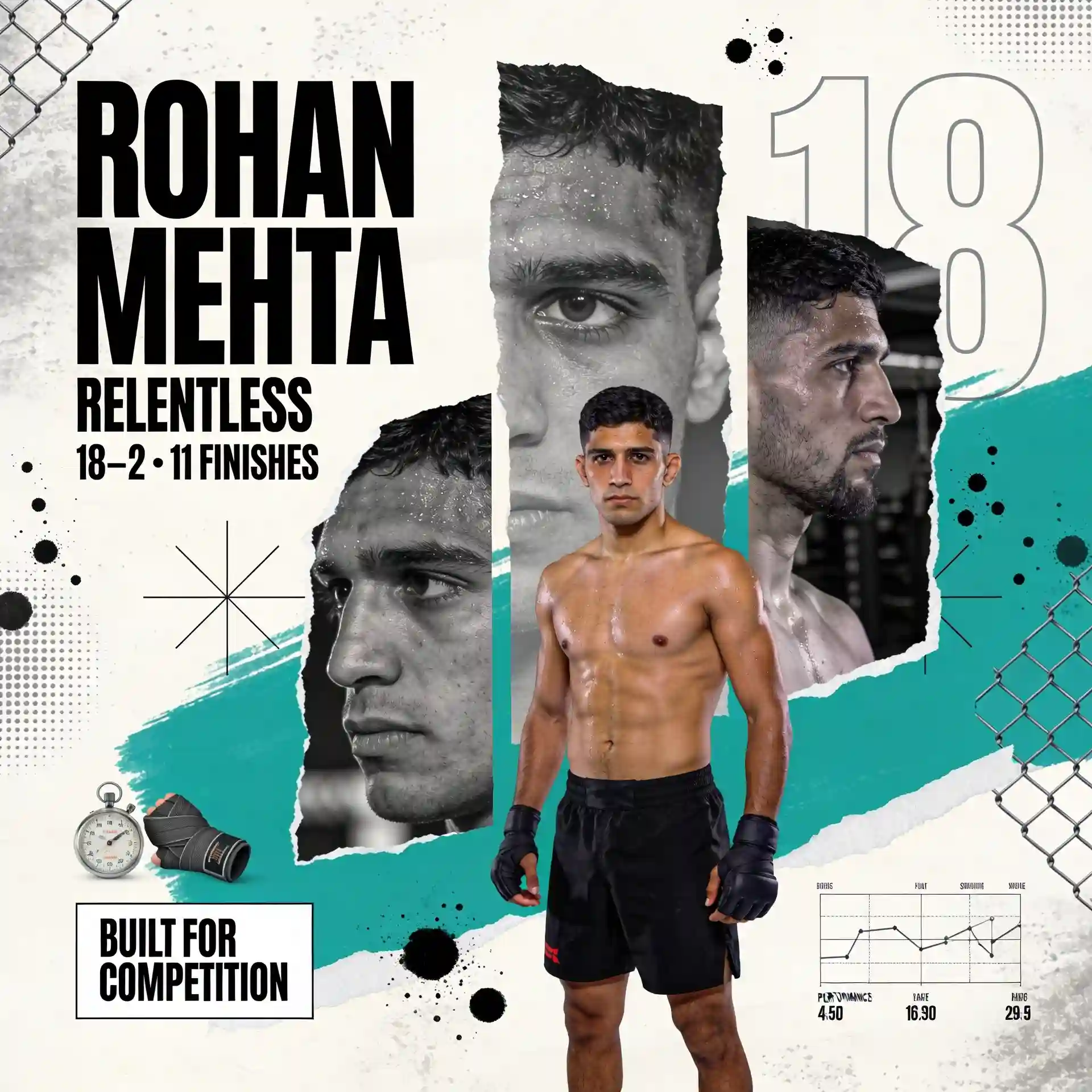 An MMA fighter stands in front of layered portraits and gritty collage graphics.