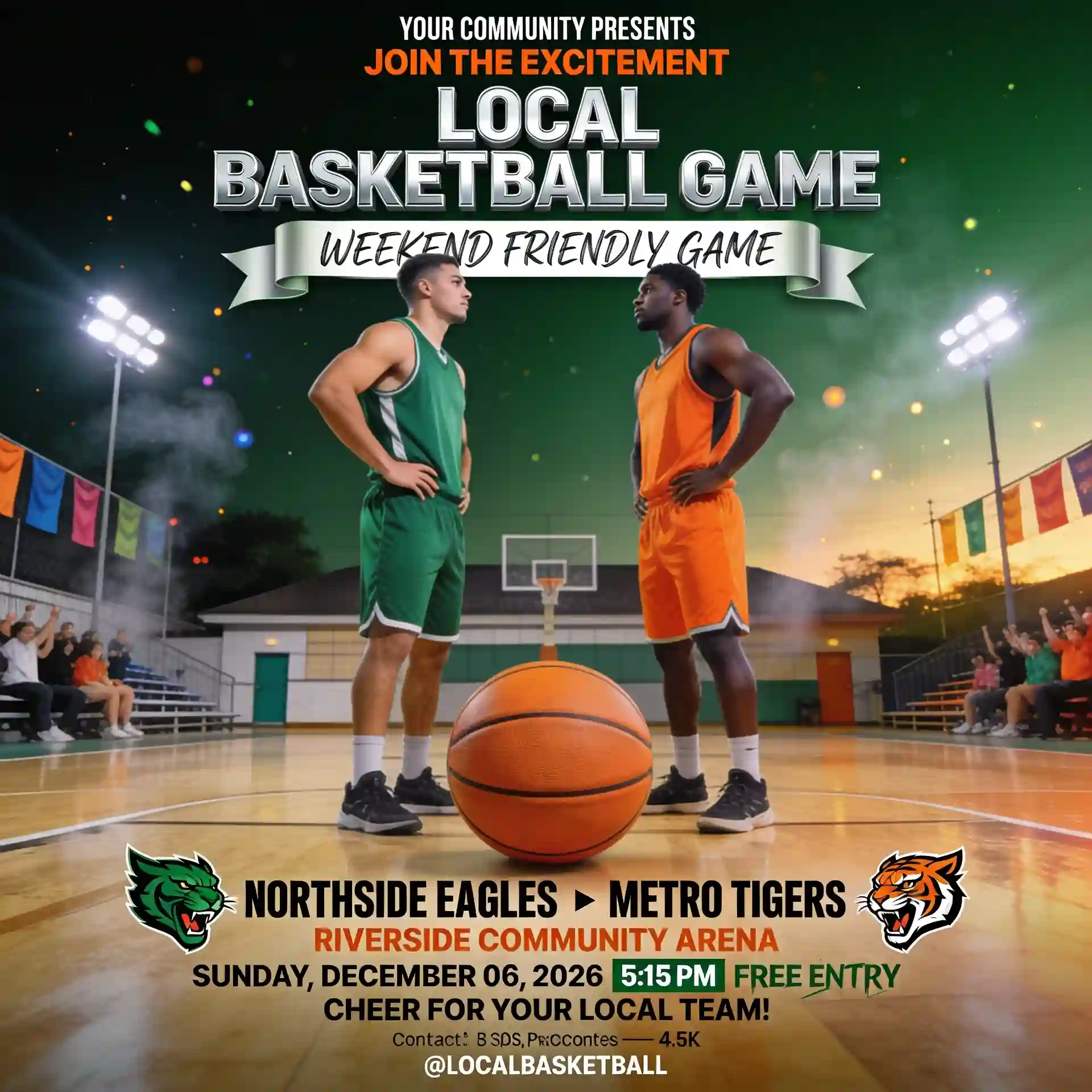 Local basketball game poster with two players facing off on a community basketball court.