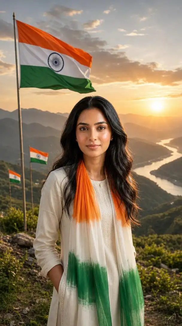 Person standing in a scenic Indian landscape with mountains, rivers, sunrise, and Indian flags on Independence Day.