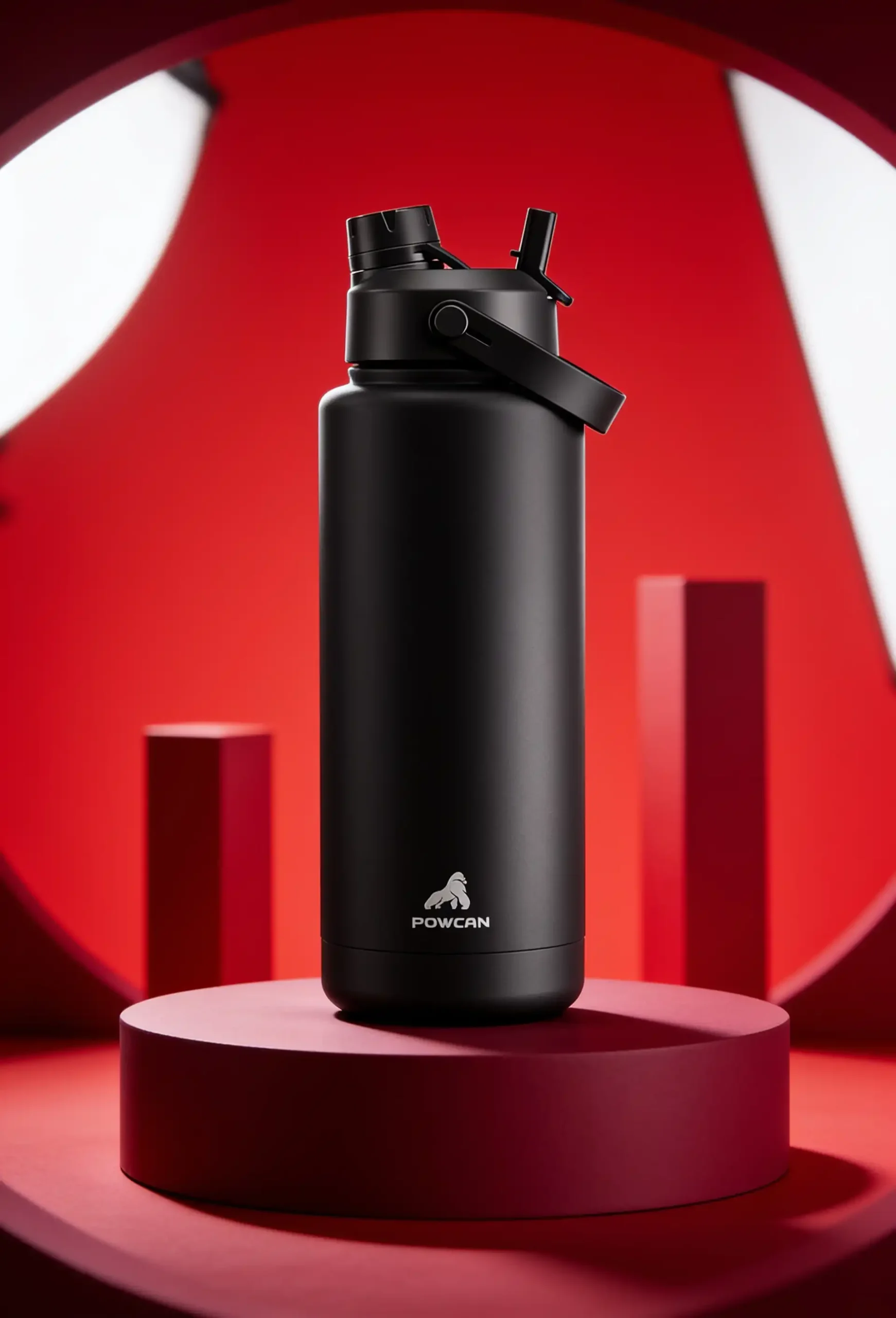 Product displayed on a crimson pedestal in a premium red studio setting.