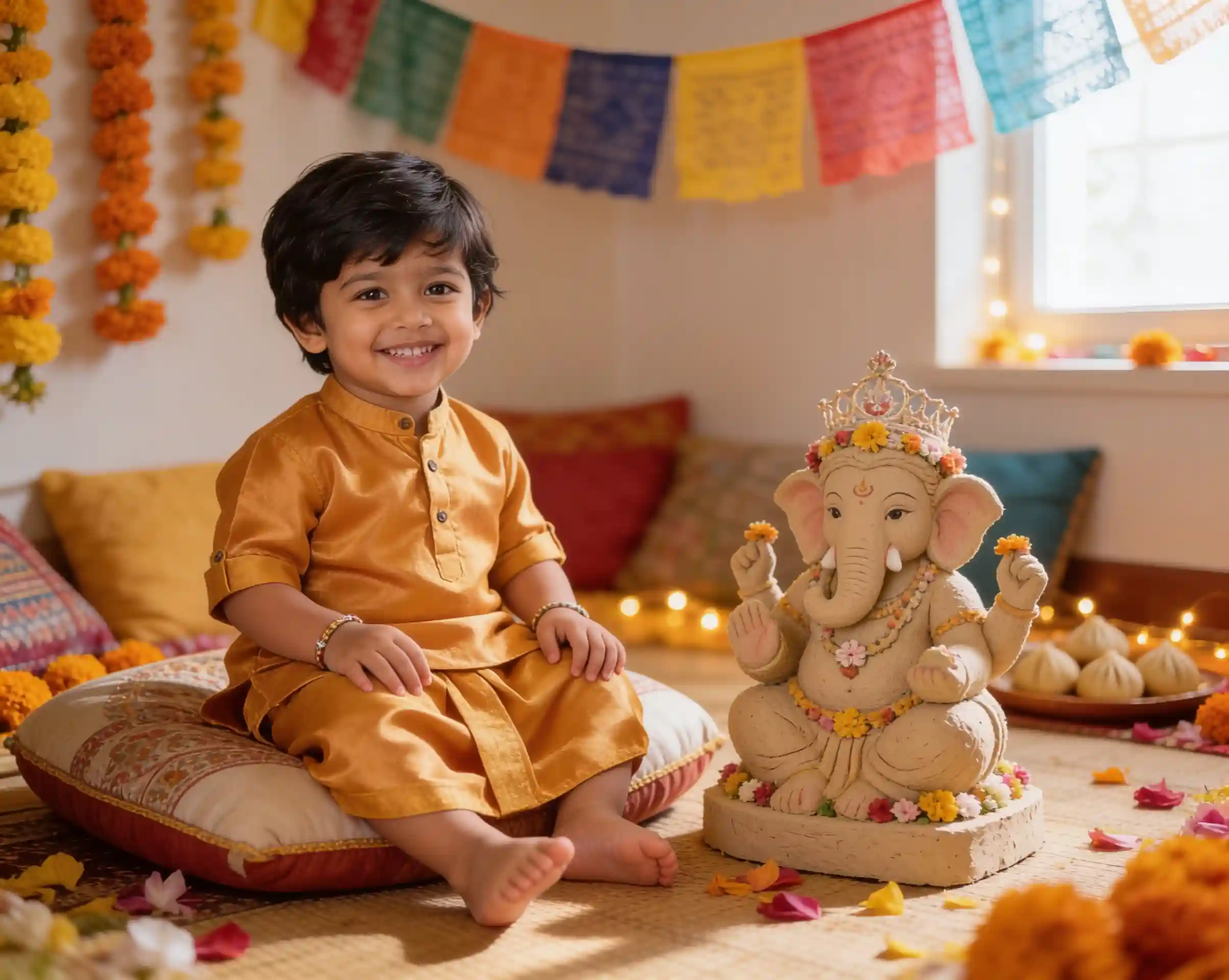 Baby boy in a traditional saffron outfit sitting beside a decorated Ganpati Bappa.