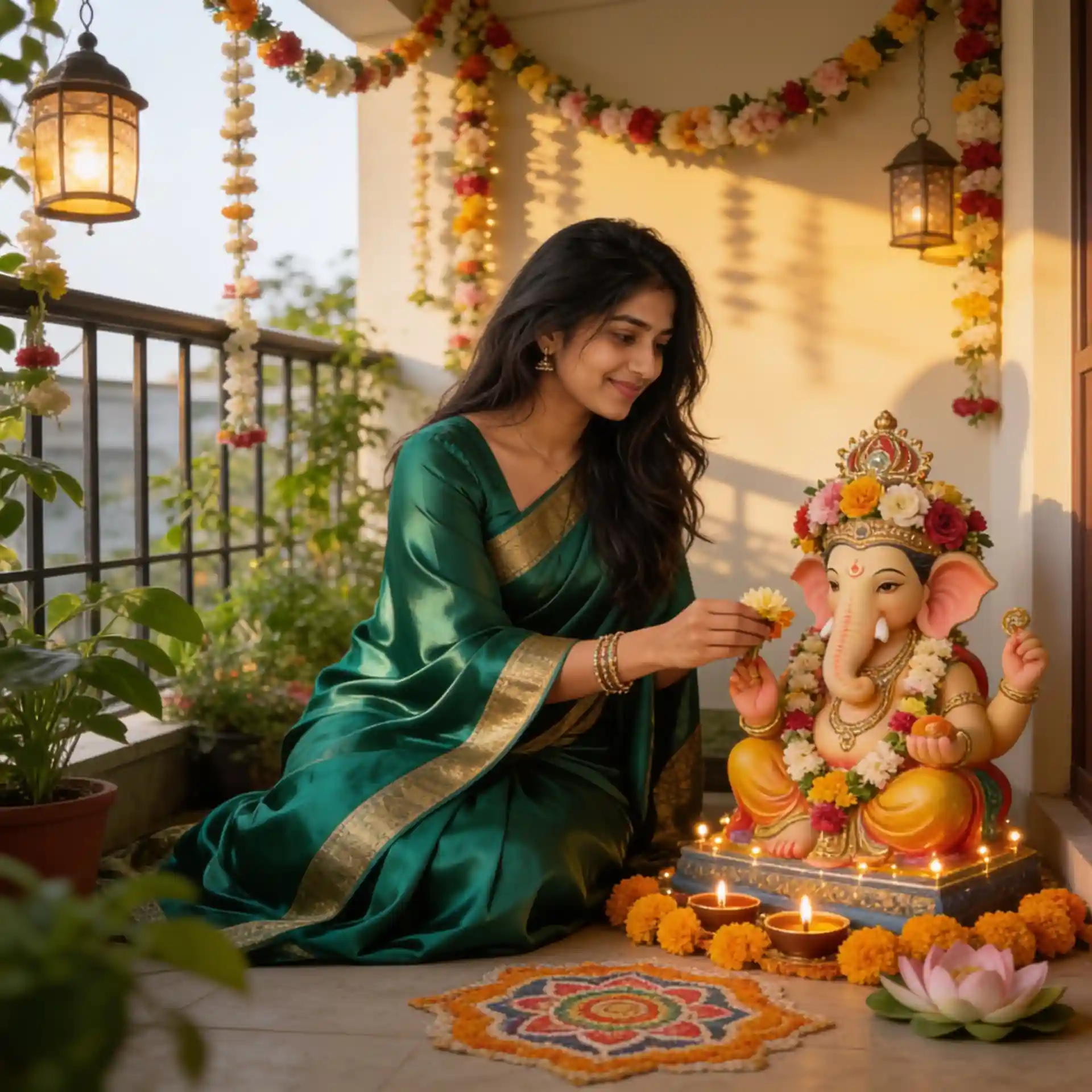 Woman in a green silk saree posing beside Ganpati Bappa in a festive floral setting.